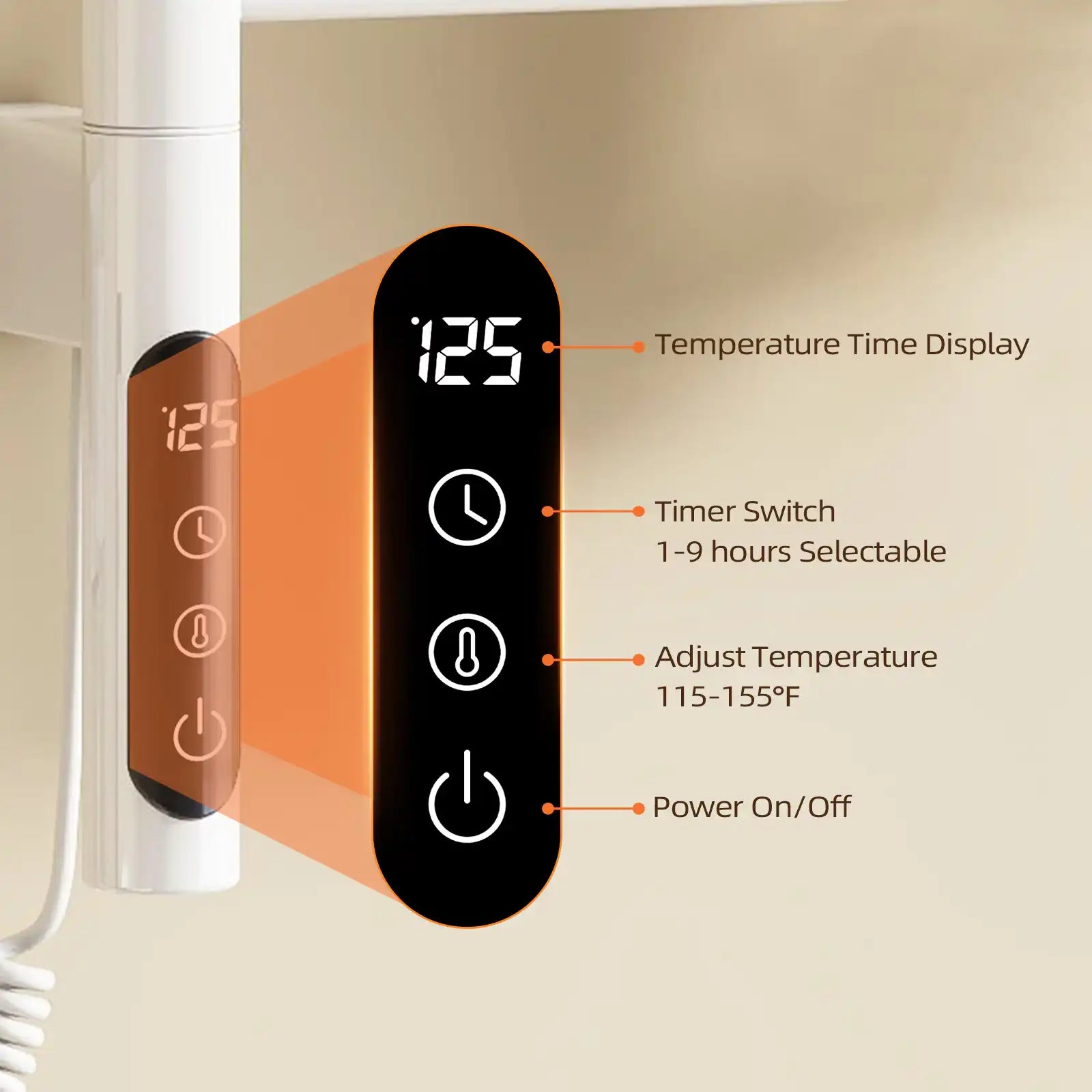 17 x 31 electric towel bar warmer LED touch screen showing timer and temperature controls | Ace Decor
