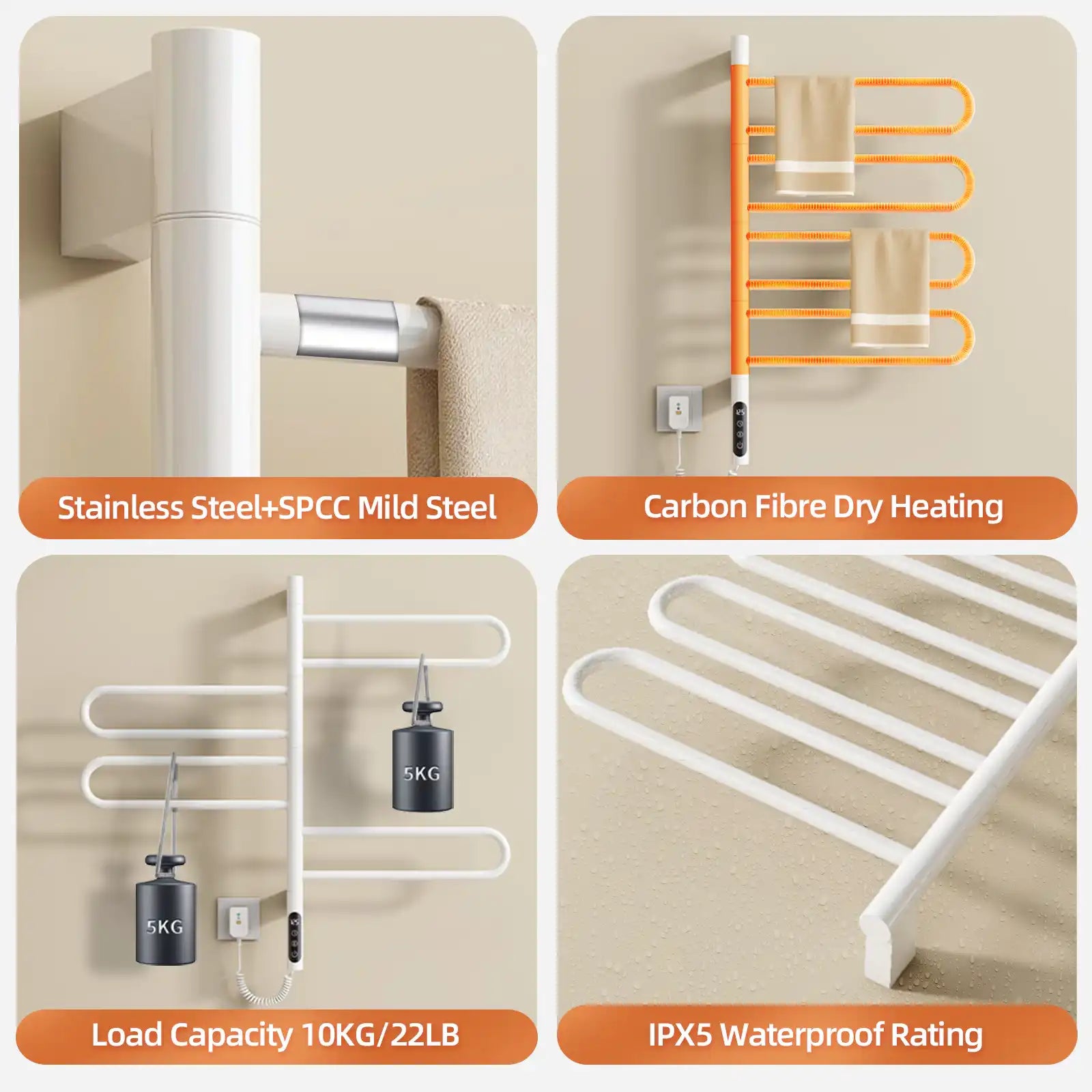 17 x 31 electric towel bar warmer with stainless and SPCC steel, carbon fiber heating, 22lb load, and IPX5 waterproof rating | Ace Decor