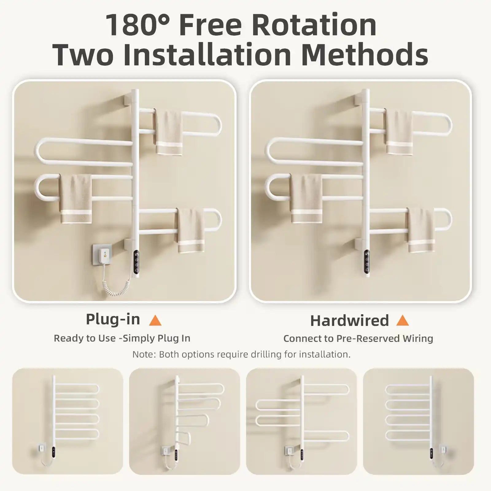 17 x 31 electric towel bar warmer with 180° rotation and dual installation options, plug-in or hardwired | Ace Decor