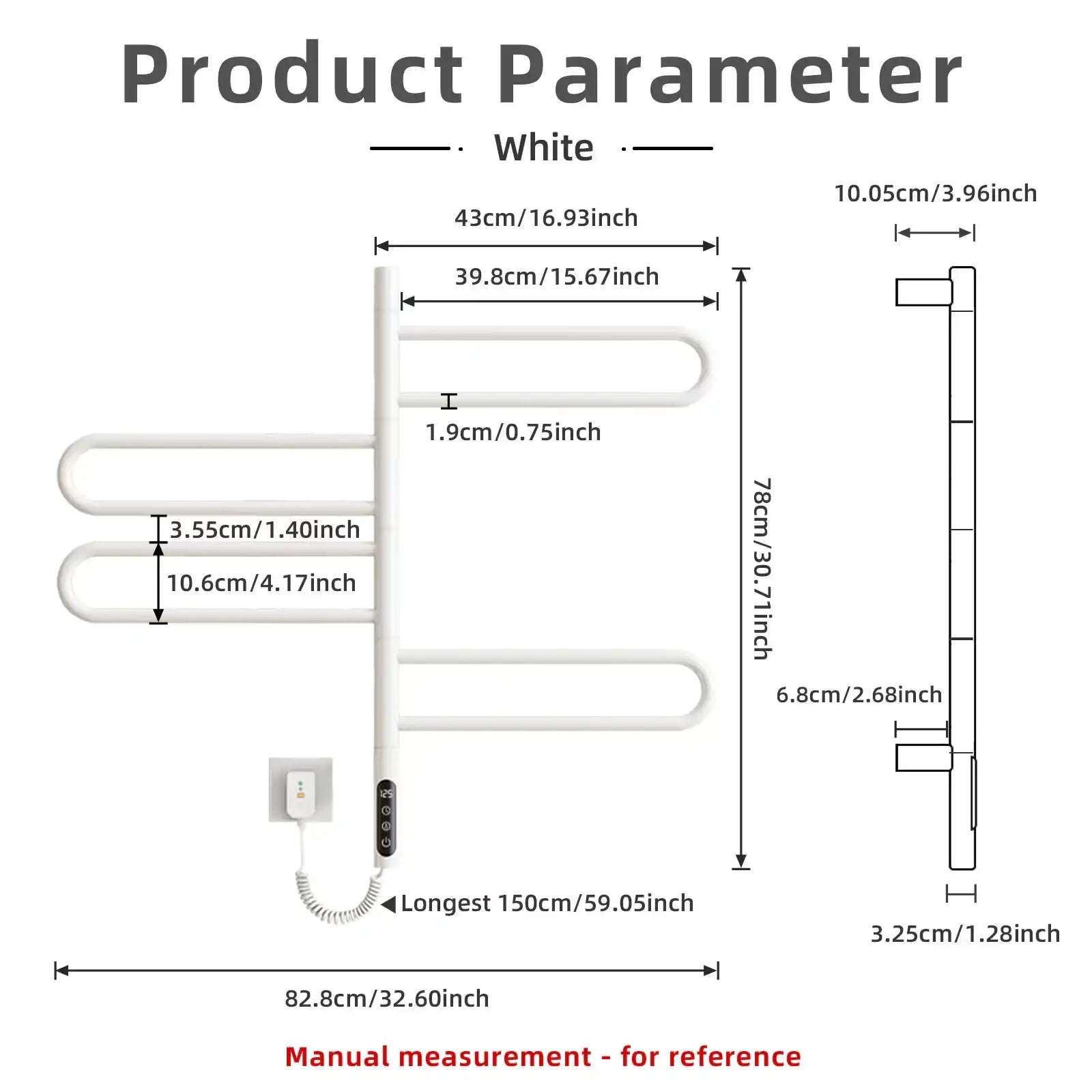 17 x 31 electric towel bar warmer with detailed product dimensions and wall-mount measurements | Ace Decor
