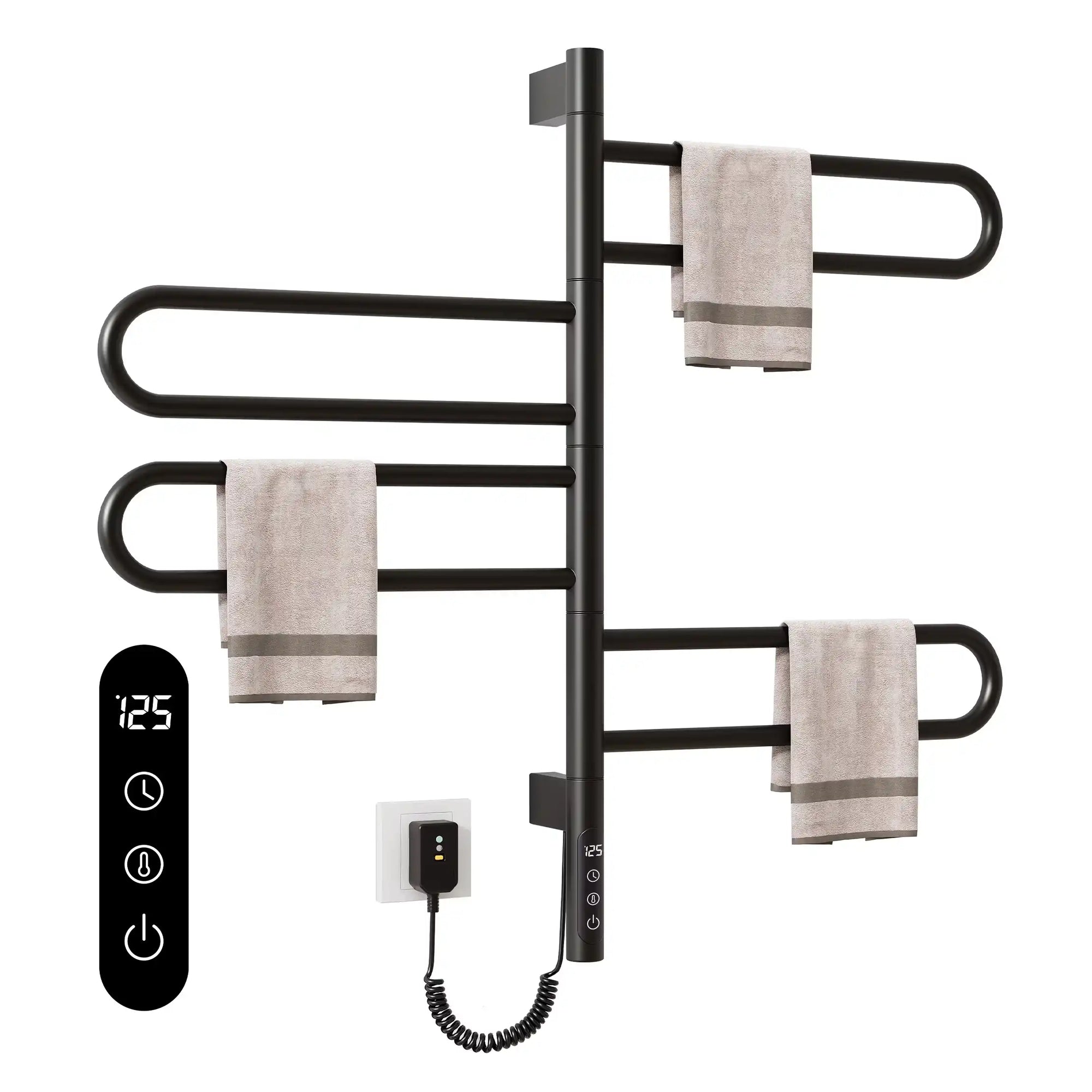 Arvia Series 17&quot; x 31&quot; Black Electric Towel Bar Warmer – 4 Curved Swing Arms