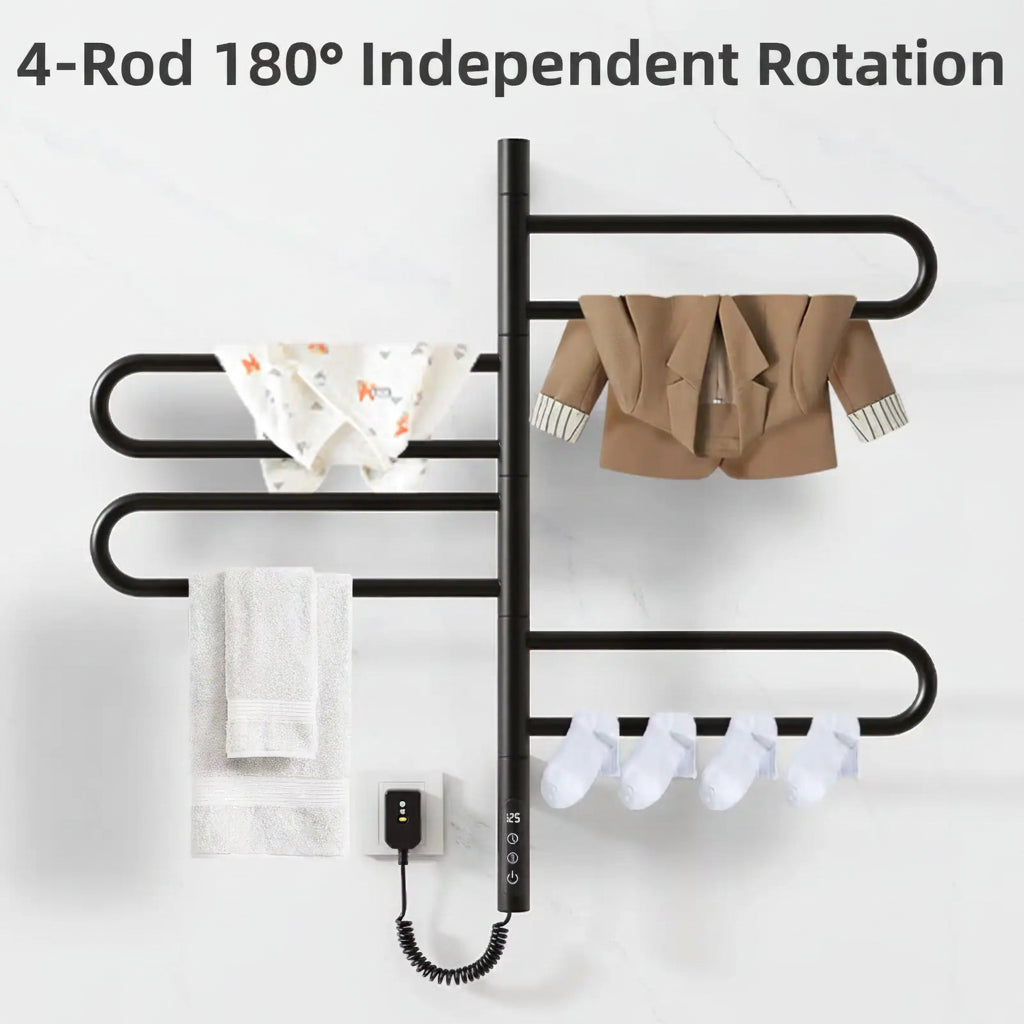 Arvia Series black electric towel rack with rotating bars drying baby clothes, jacket, bath towel, and socks.