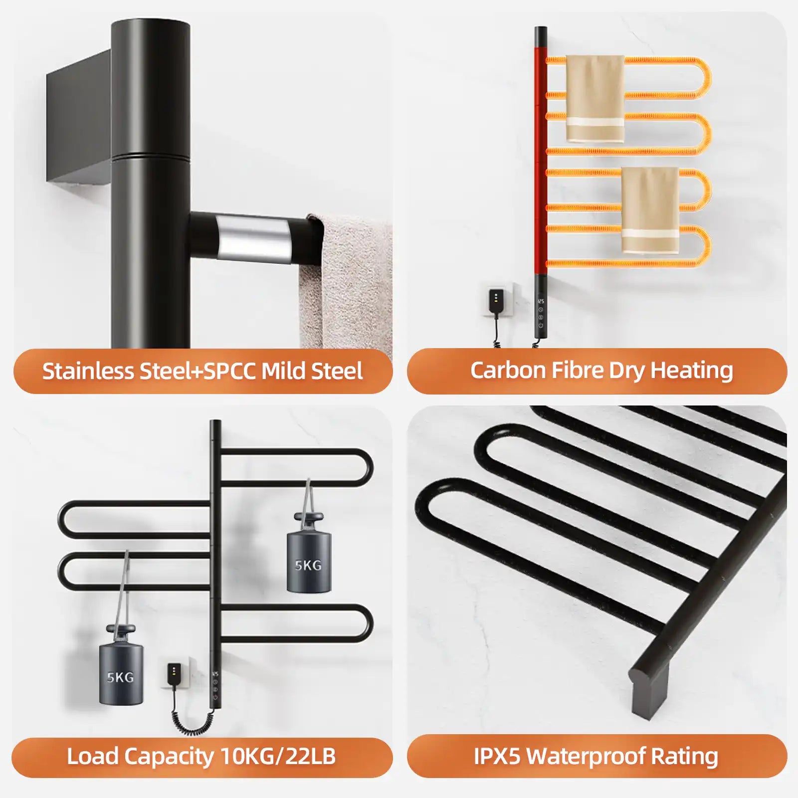 Arvia Series 17&quot; x 31&quot; Black Electric Towel Bar Warmer – 4 Curved Swing Arms