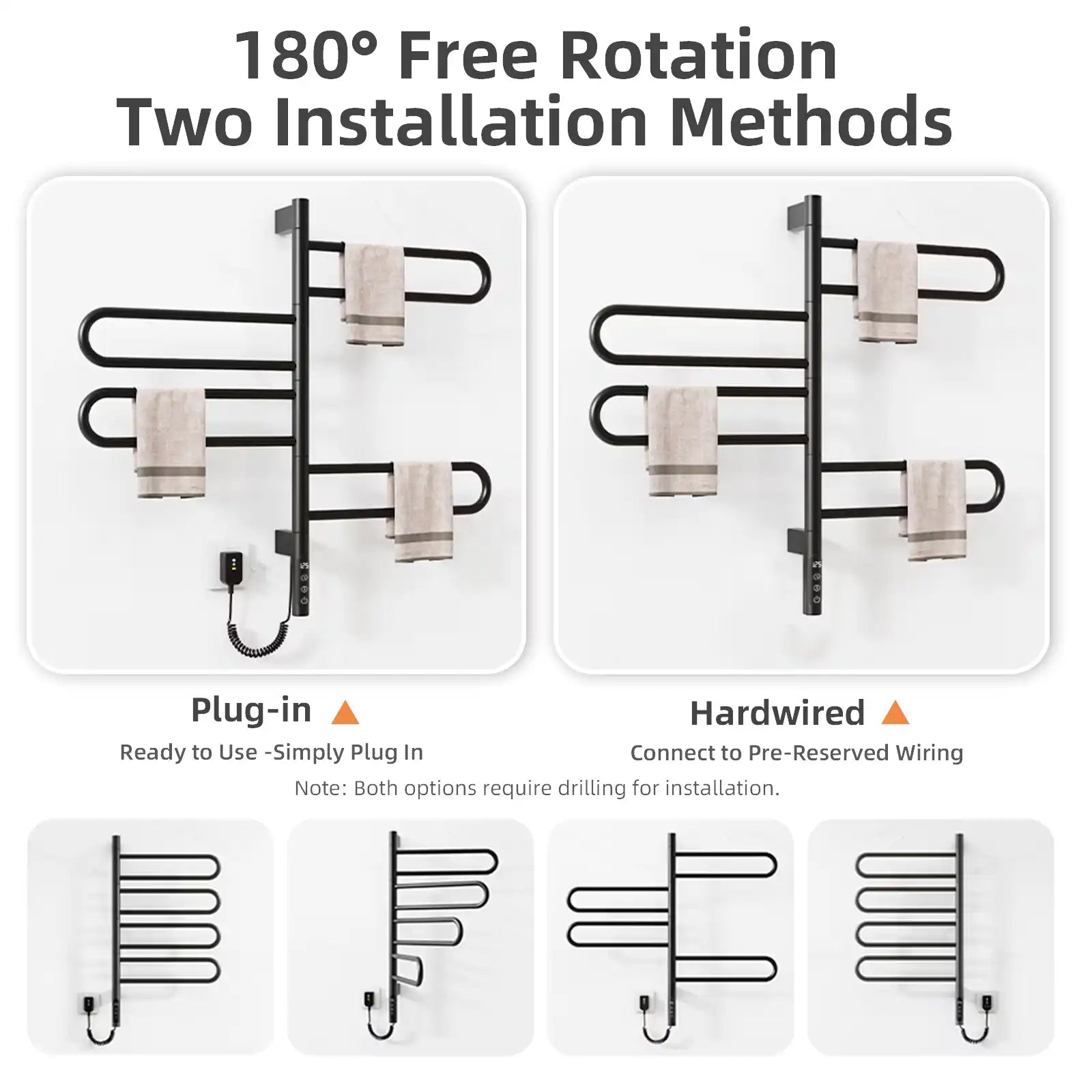 Arvia Series 17&quot; x 31&quot; Black Electric Towel Bar Warmer – 4 Curved Swing Arms