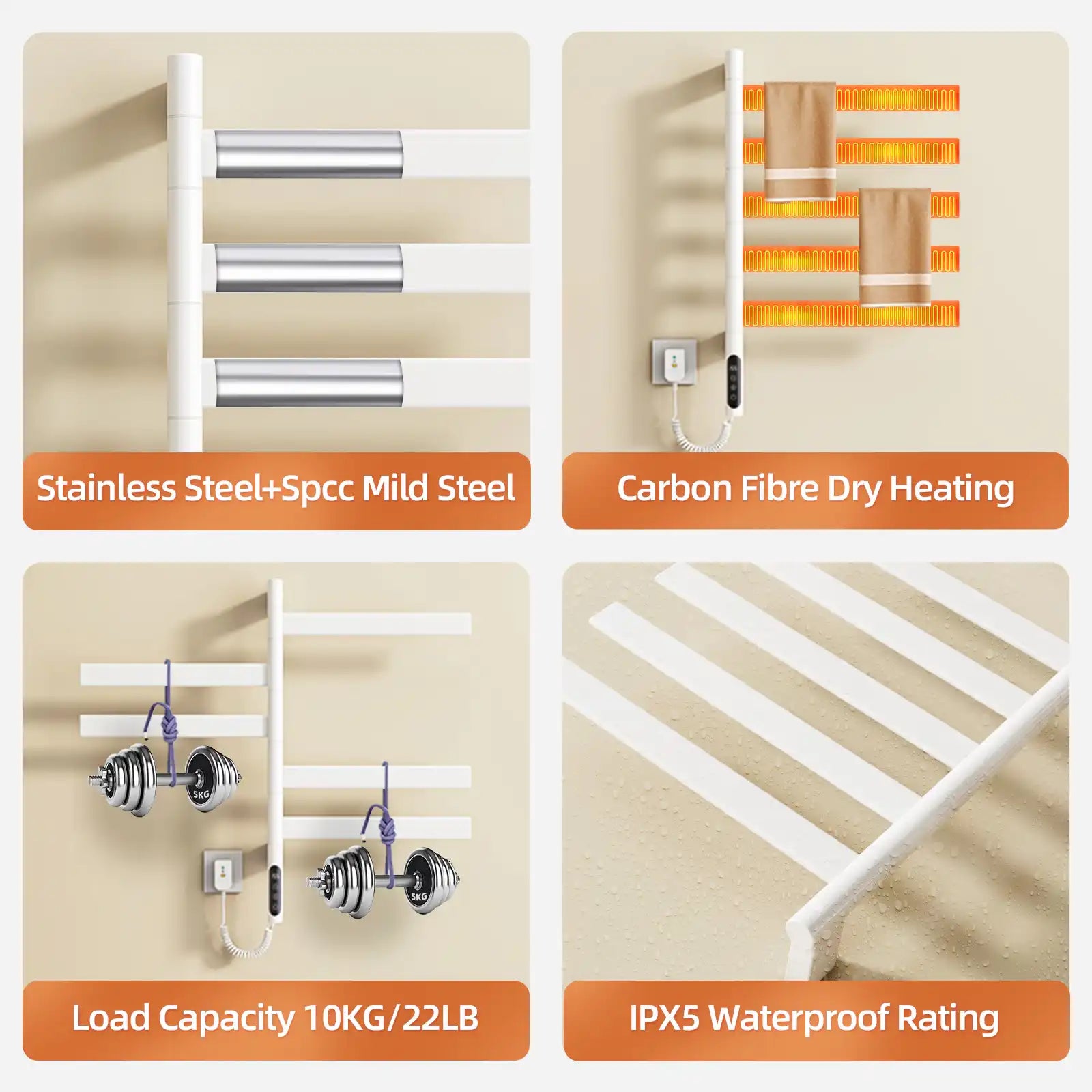 Stainless steel + SPCC build, carbon-fiber heating, 22lb load, IPX5 waterproof | Ace Decor