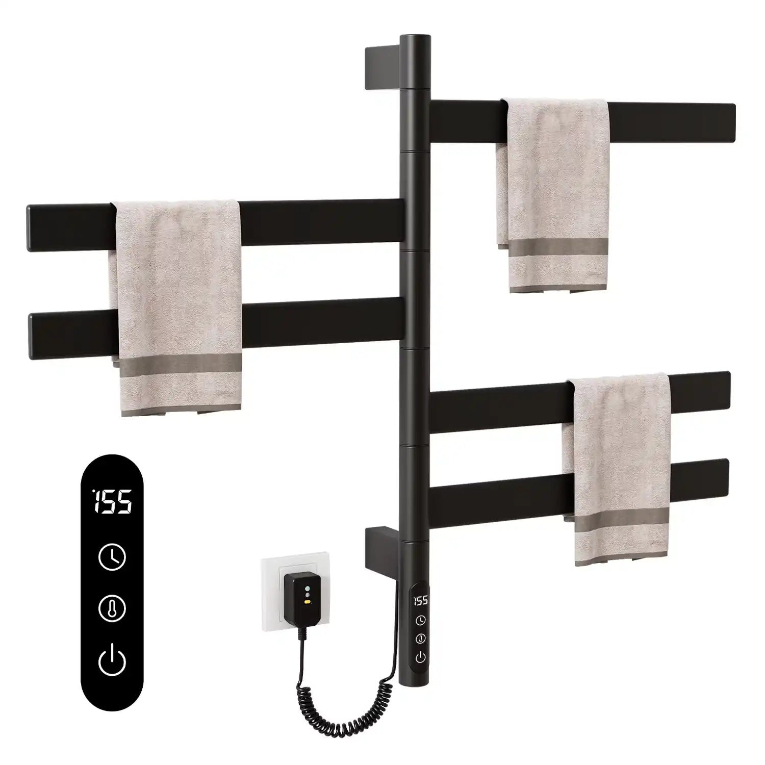 Velin Series black electric towel warmer for bathroom with LED touch control and modern design | Ace Decor