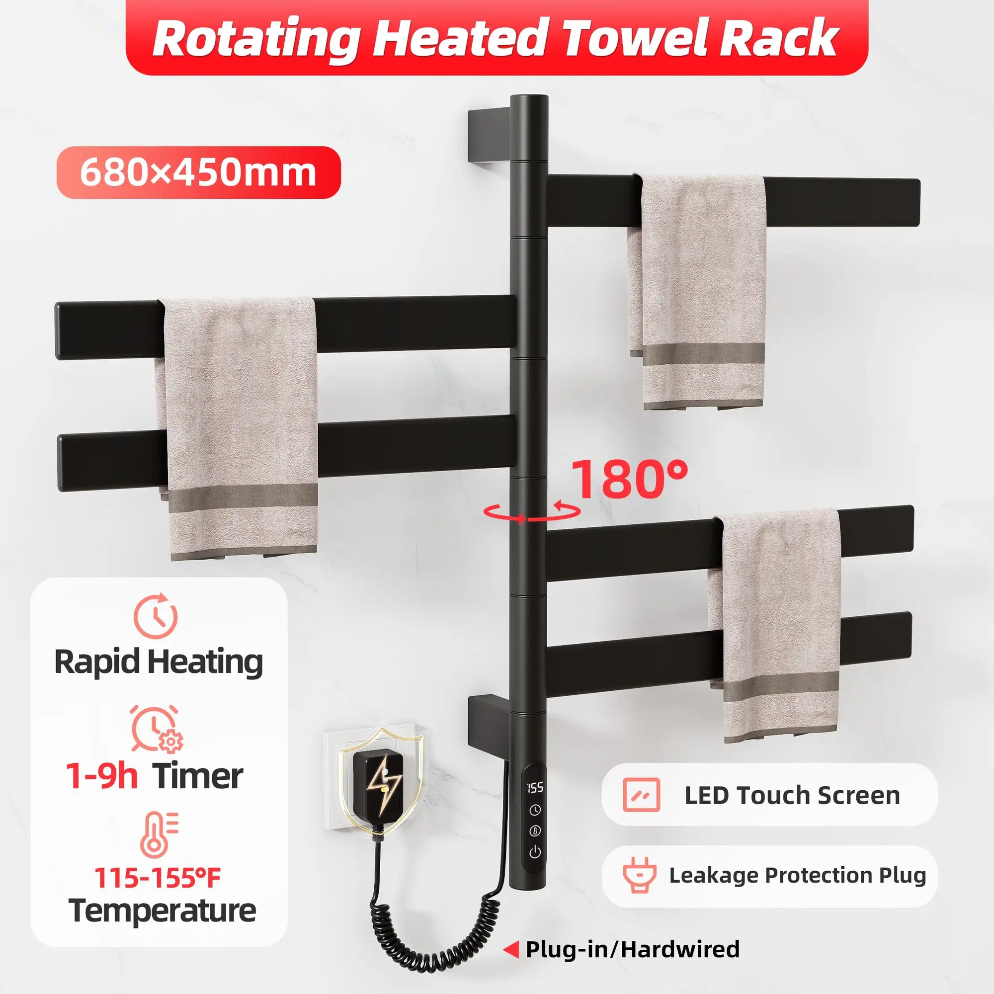 Rotating Velin black electric towel warmer for bathroom with 180° swing bars and rapid heating function | Ace Decor