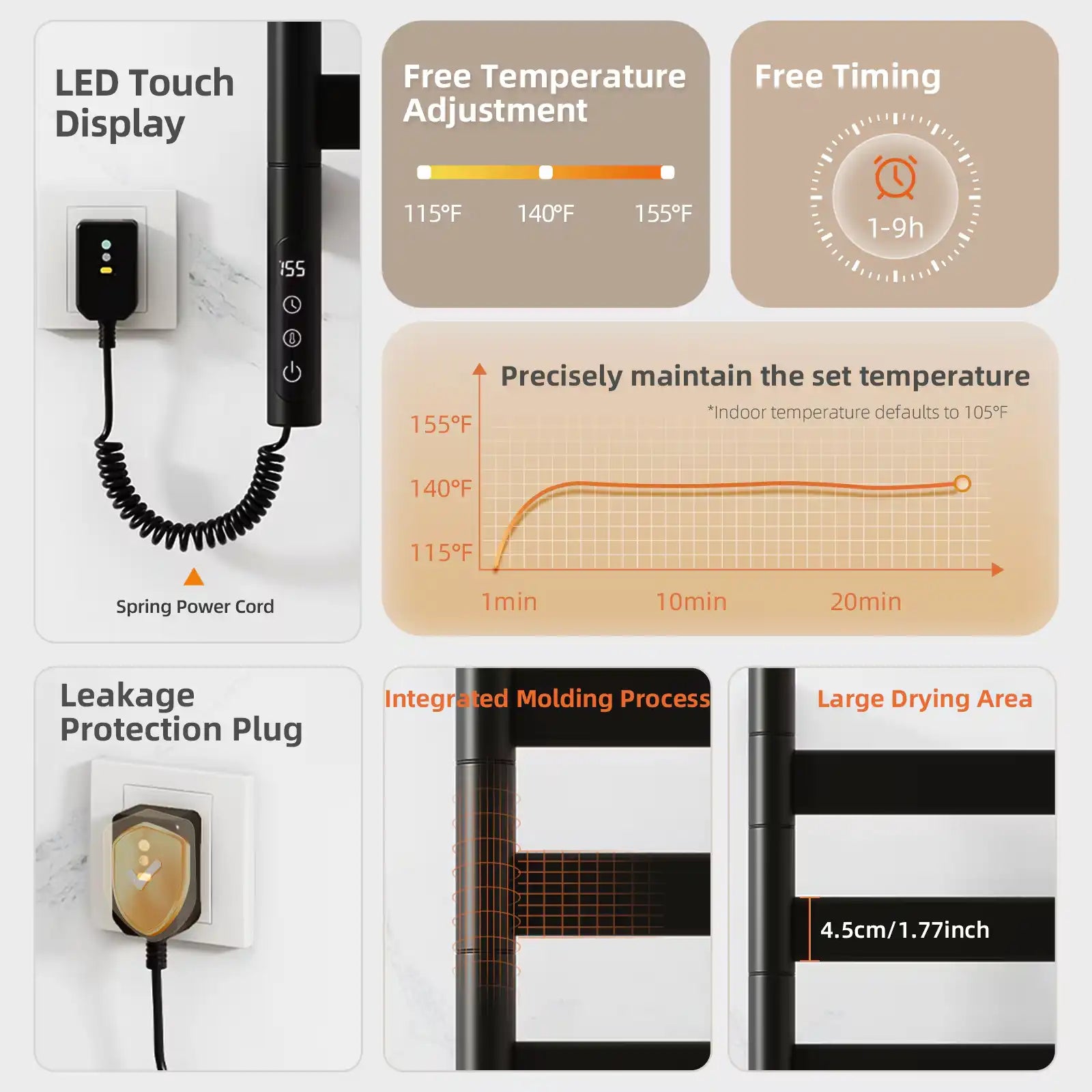 LED touch control and temperature adjustment features of Velin black electric towel warmer for bathroom | Ace Decor