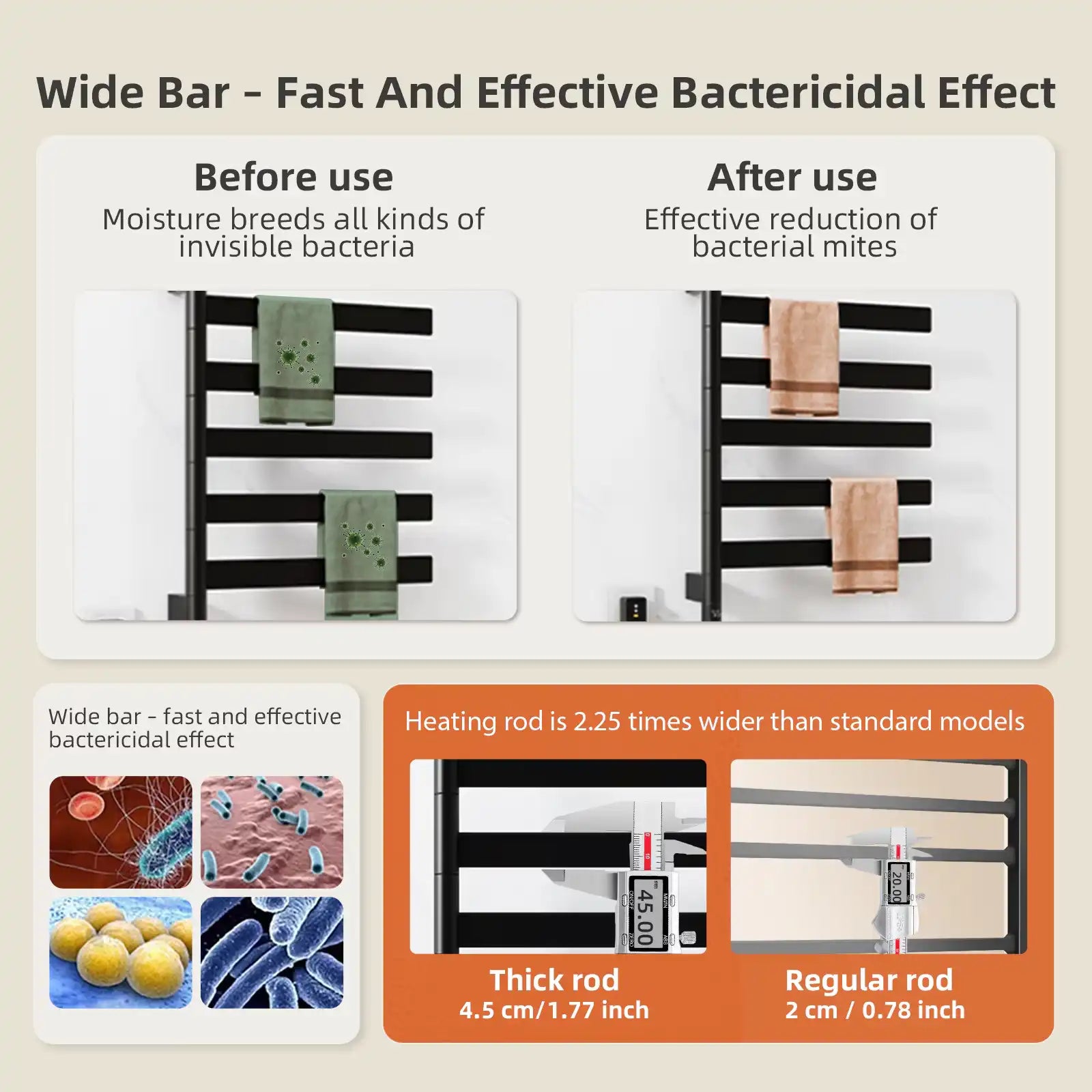 Wide-bar design of Velin black electric towel warmer for bathroom for fast drying and antibacterial performance | Ace Decor