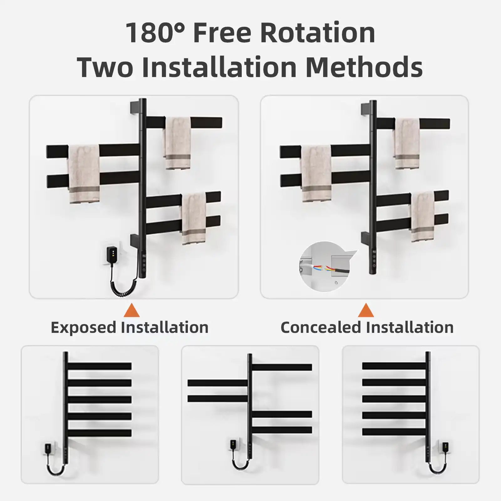 Velin black electric towel warmer for bathroom with 180° rotation and exposed or concealed installation options | Ace Decor