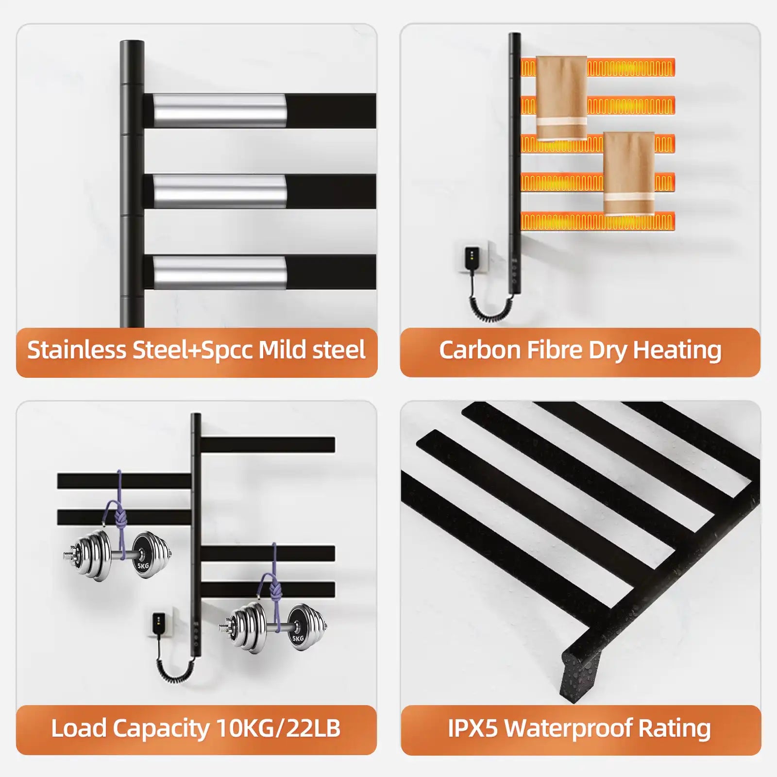 Velin Series electric towel warmer for bathroom made of stainless steel with carbon fiber heating and IPX5 waterproof rating | Ace Decor