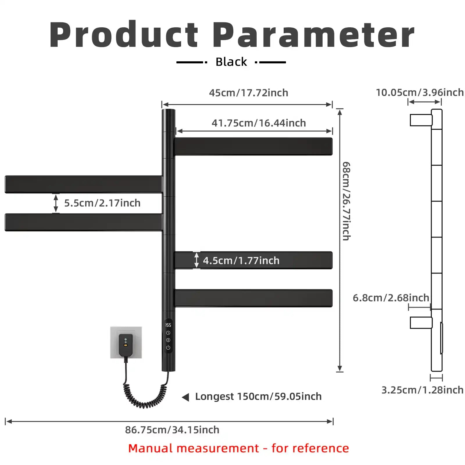Product dimensions of Velin black electric towel warmer for bathroom with detailed measurements | Ace Decor
