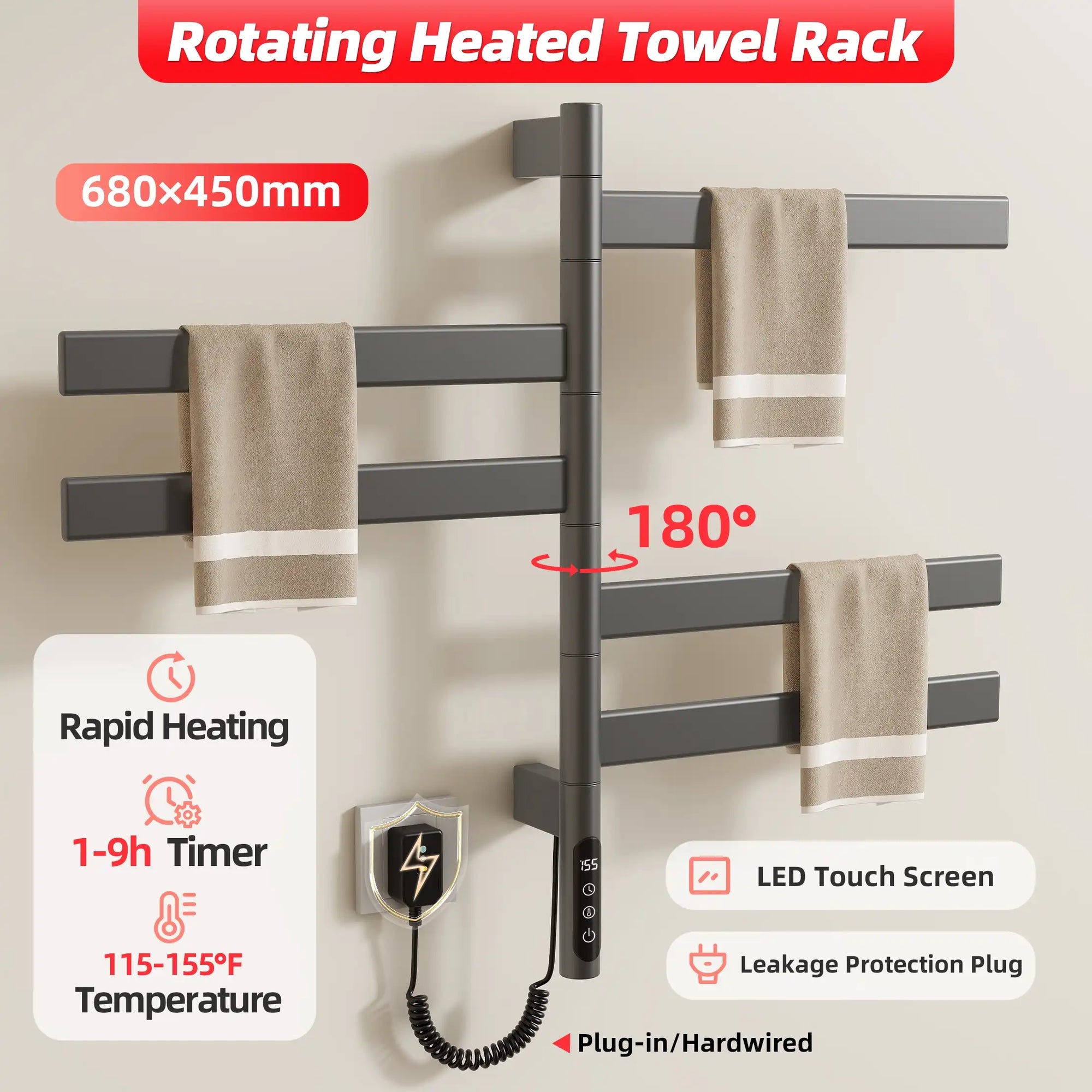 Velin Series gunmetal gray electric towel warmer for bathroom with 180° rotating bars and LED touch control | Ace Decor