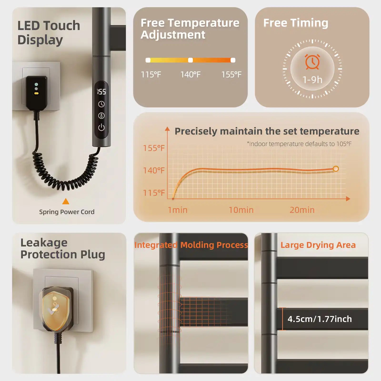 LED touch display of Velin electric towel warmer for bathroom showing temperature control and timer | Ace Decor