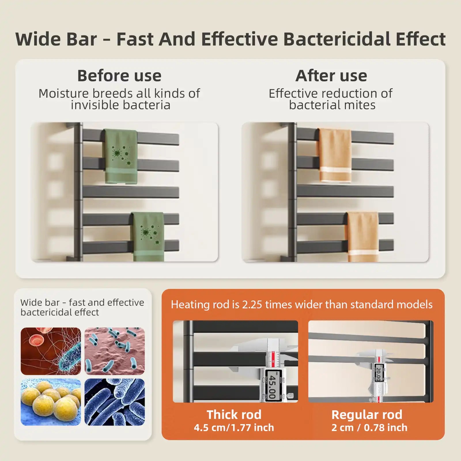 Wide-bar Velin electric towel warmer for bathroom reducing bacteria and mites with efficient heating | Ace Decor