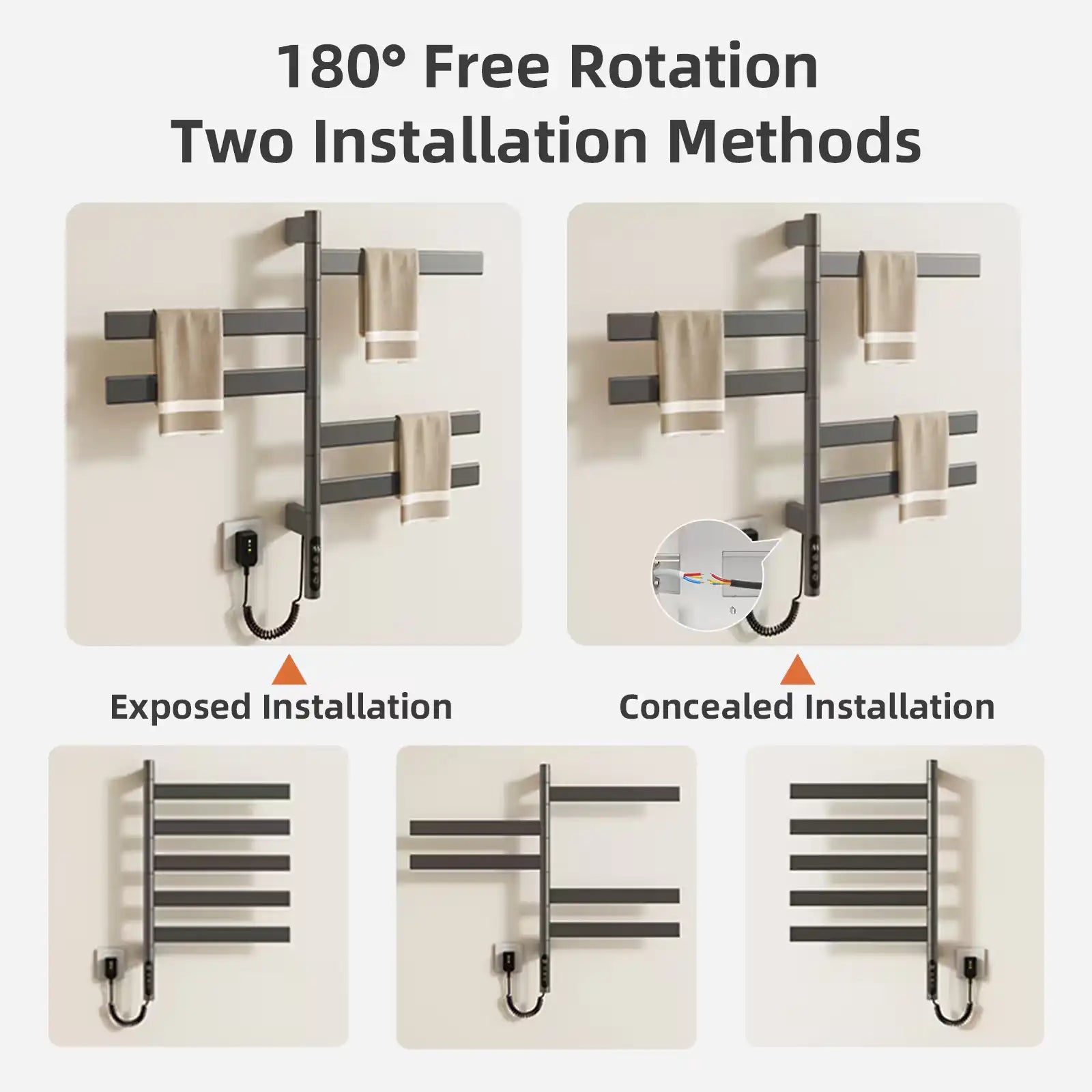 Velin Series electric towel warmer for bathroom with 180° rotation and dual installation options | Ace Decor