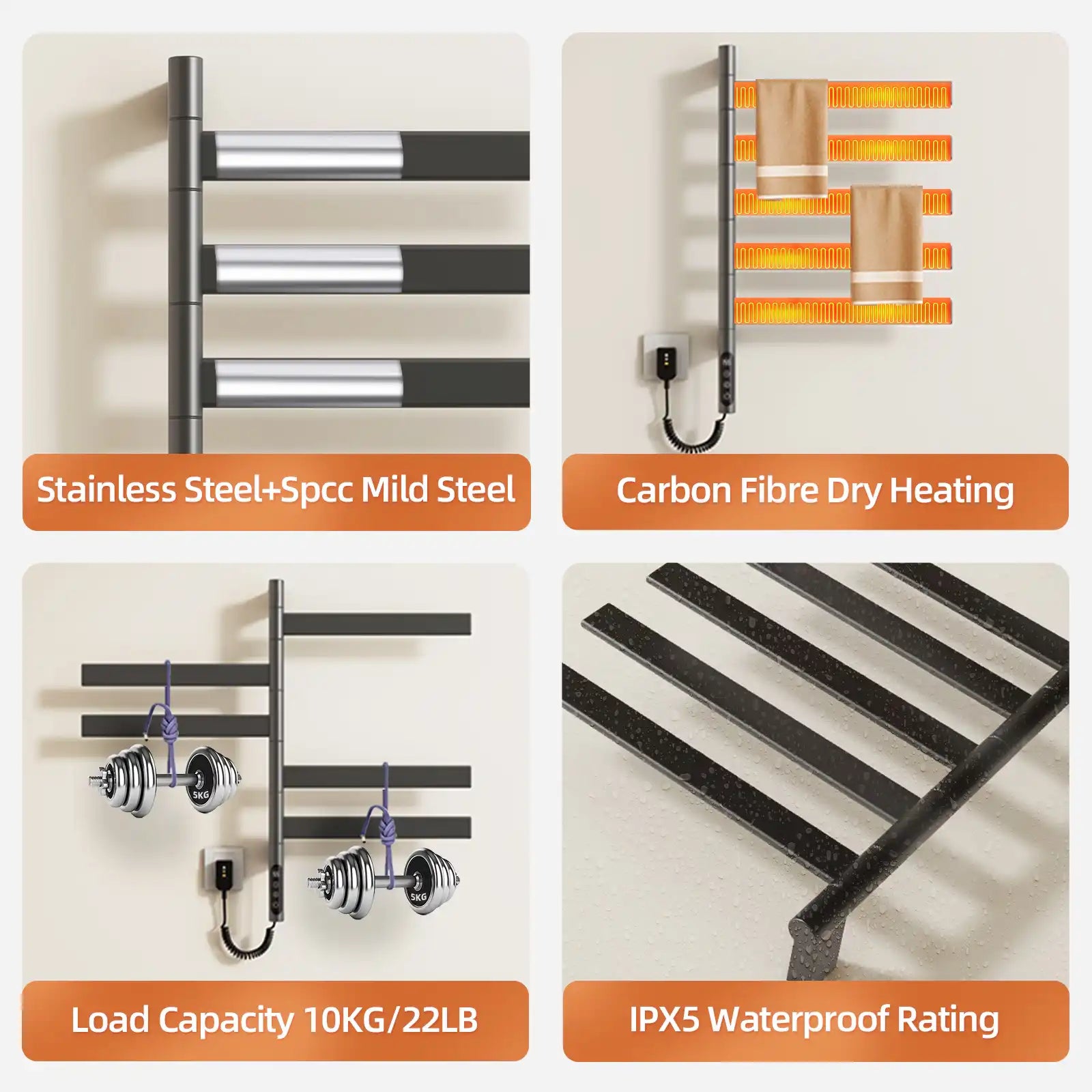 Velin Series electric towel warmer for bathroom made of stainless steel with carbon fiber dry heating and IPX5 waterproof rating | Ace Decor