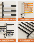 Velin Series electric towel warmer for bathroom made of stainless steel with carbon fiber dry heating and IPX5 waterproof rating | Ace Decor