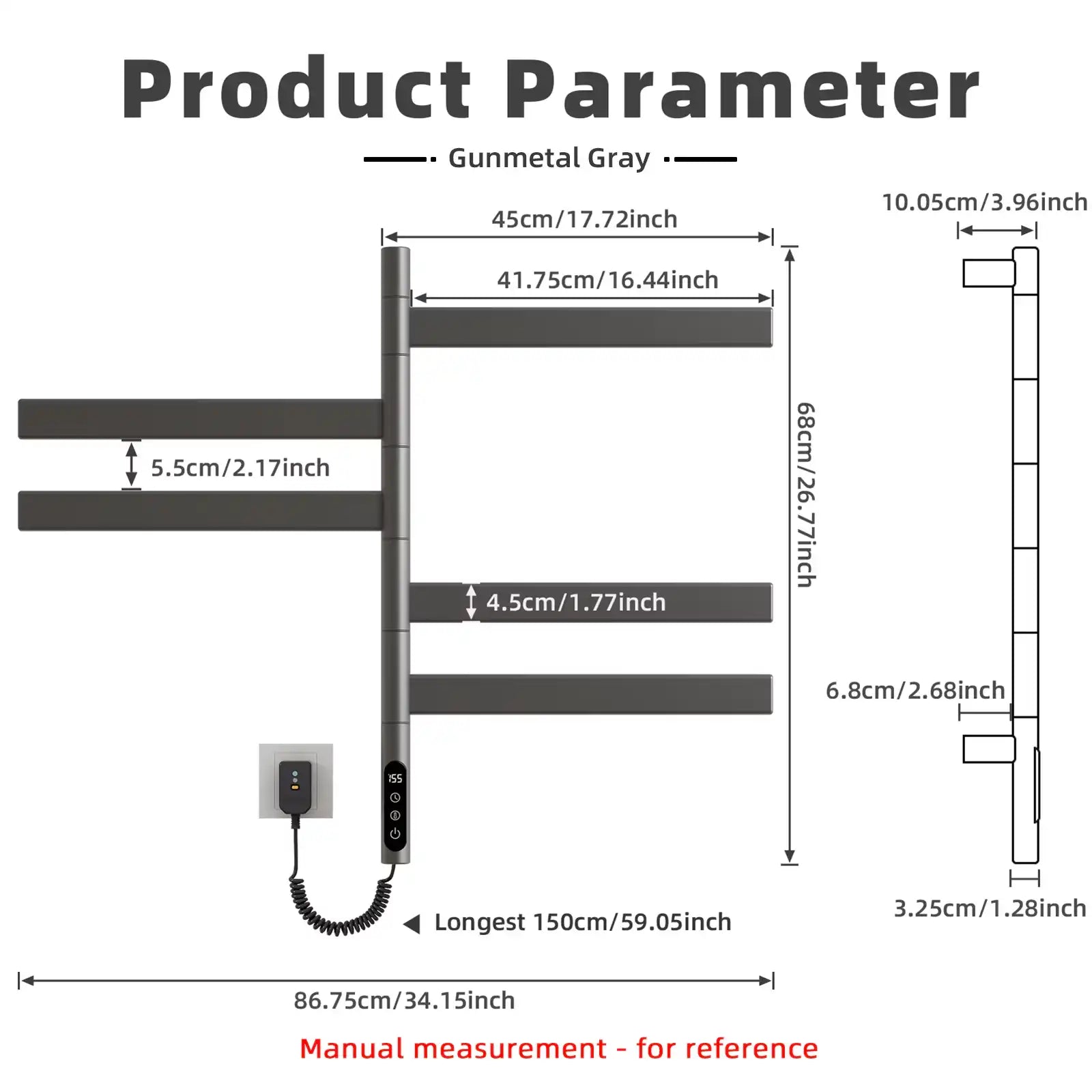 Product dimensions of Velin gunmetal gray electric towel warmer for bathroom with detailed measurements | Ace Decor