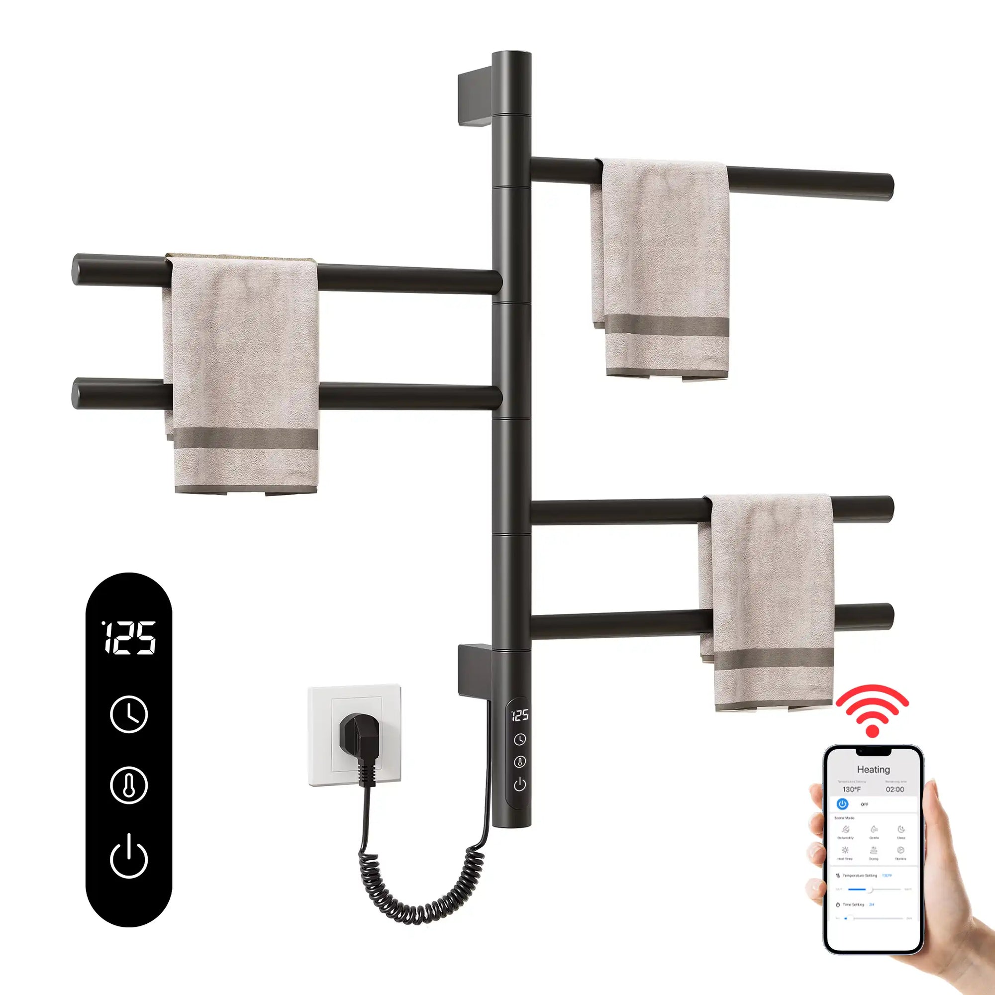 Smart WiFi black heated towel rack with LED touchscreen and app control | Ace Decor