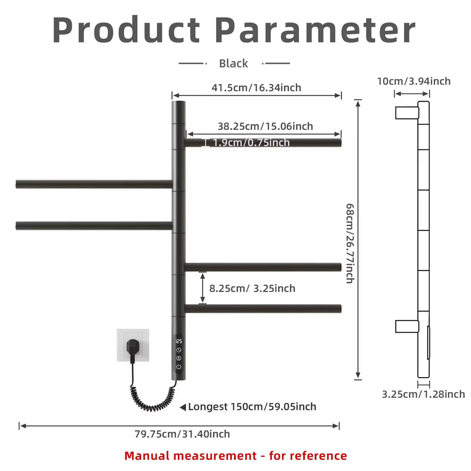 Detailed size chart and dimensions of black heated towel rack | Ace Decor