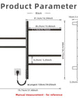 Detailed size chart and dimensions of black heated towel rack | Ace Decor