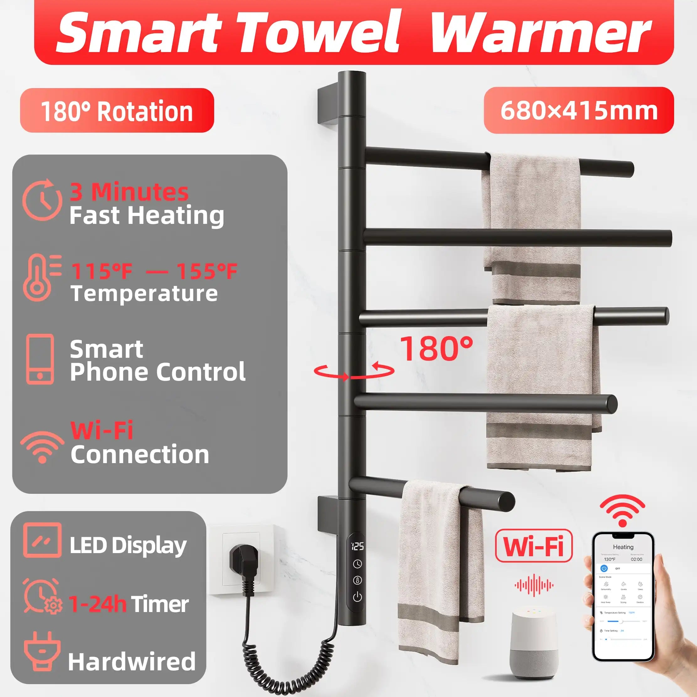 Fast-heating black heated towel rack with 180° rotation, WiFi connection, and timer function | Ace Decor
