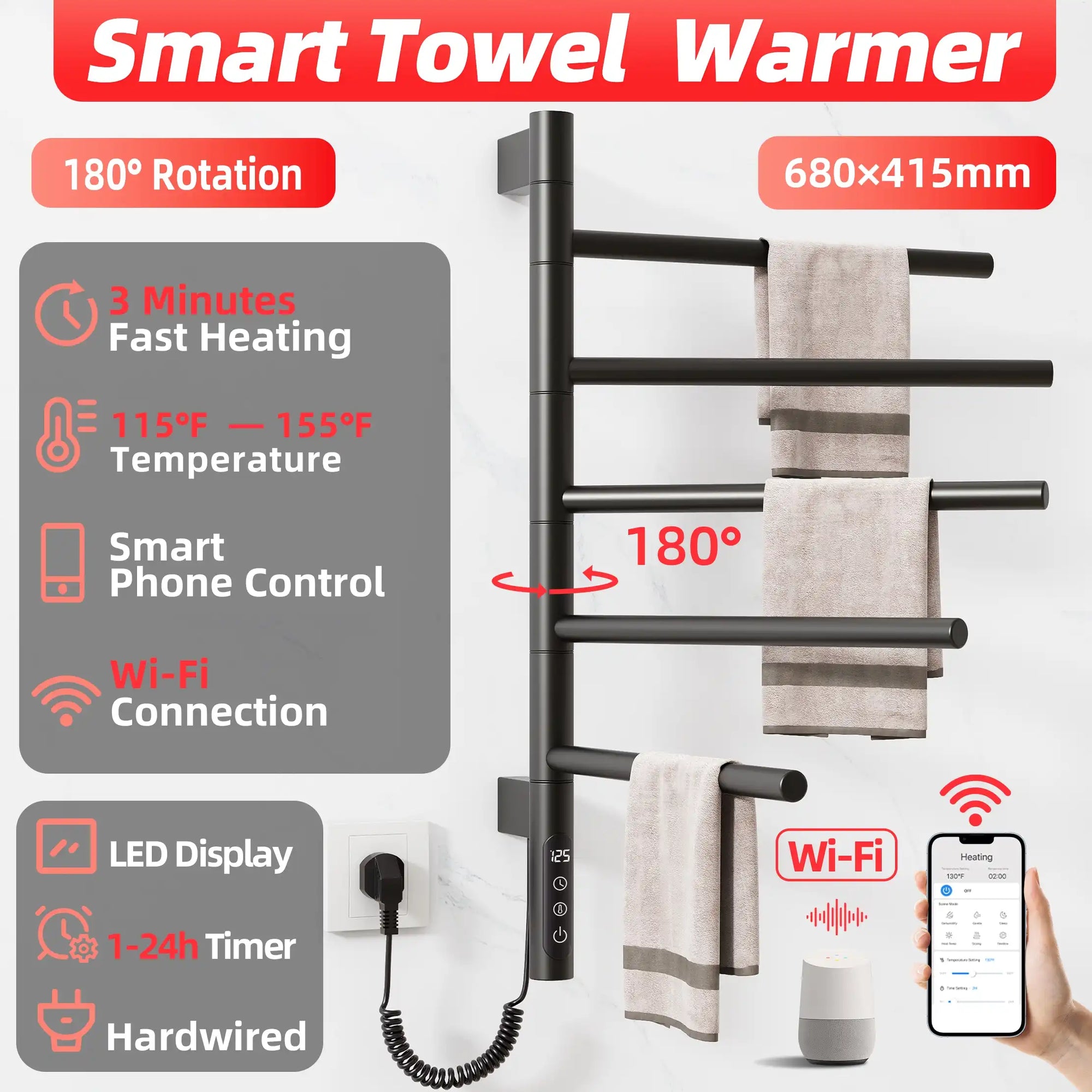 Fast-heating black heated towel rack with 180° rotation, WiFi connection, and timer function | Ace Decor