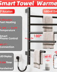 Fast-heating black heated towel rack with 180° rotation, WiFi connection, and timer function | Ace Decor