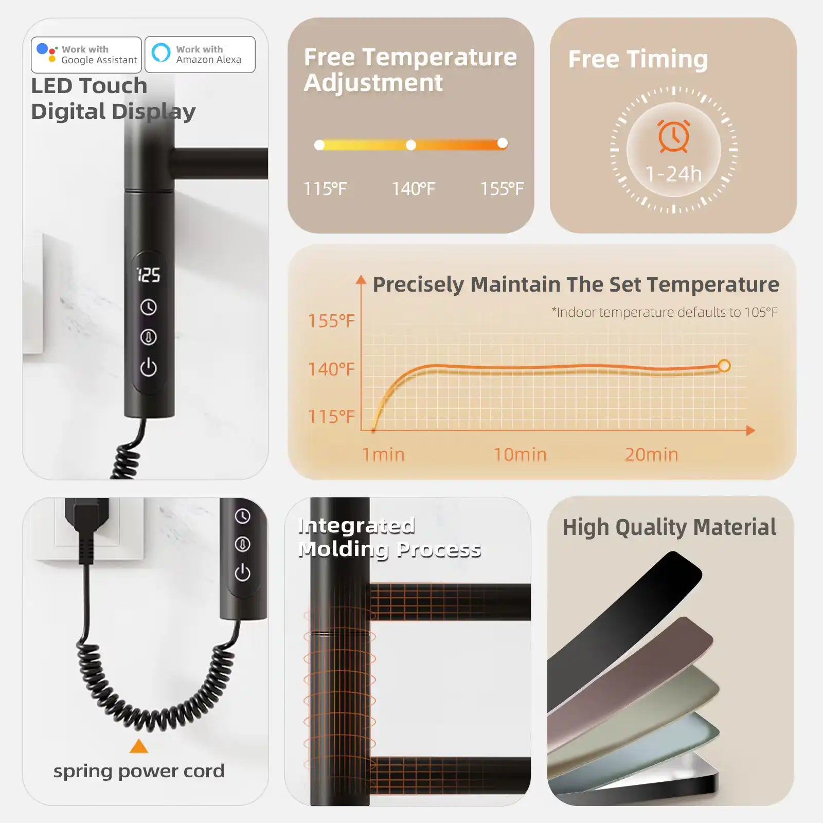 LED digital control and temperature adjustment features of black heated towel rack | Ace Decor
