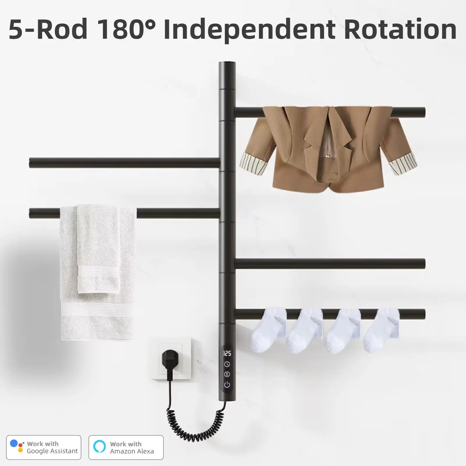 5-bar heated towel rack with 180-degree independent rotation for drying towels and clothes | Ace Decor