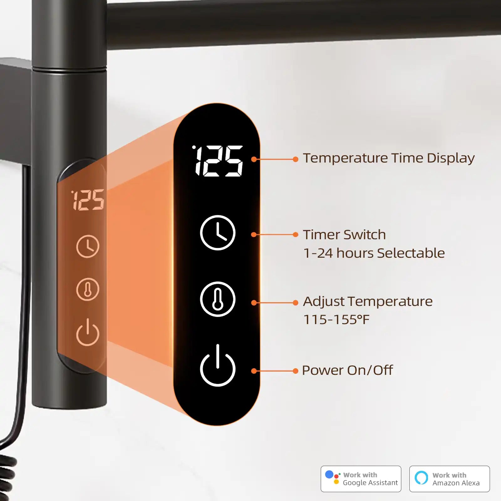 LED digital control panel of heated towel rack with adjustable temperature and timer display | Ace Decor