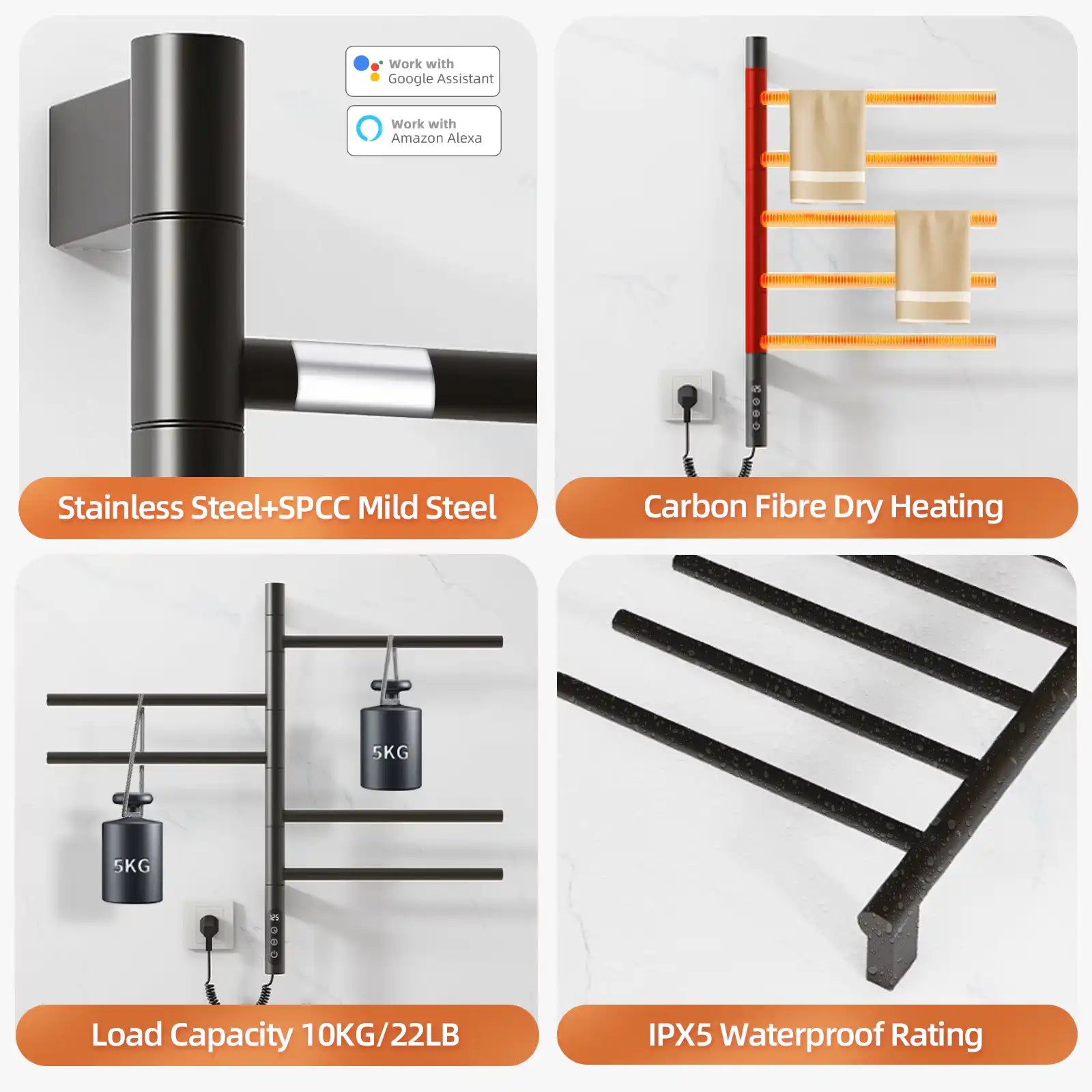 Durable heated towel rack made of stainless steel and SPCC mild steel with carbon fiber heating and IPX5 waterproof design | Ace Decor