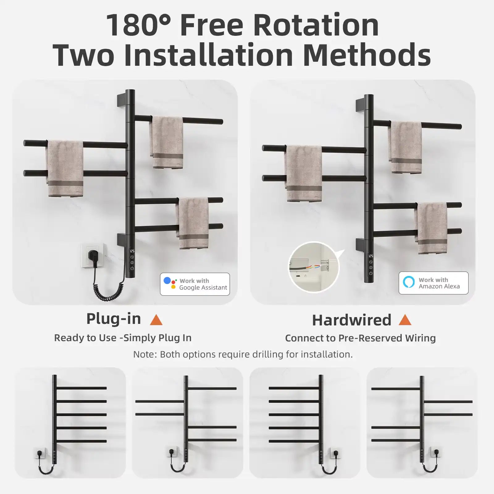 Black heated towel rack with 180° rotation and dual installation options, plug-in or hardwired | Ace Decor