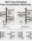Black heated towel rack with 180° rotation and dual installation options, plug-in or hardwired | Ace Decor