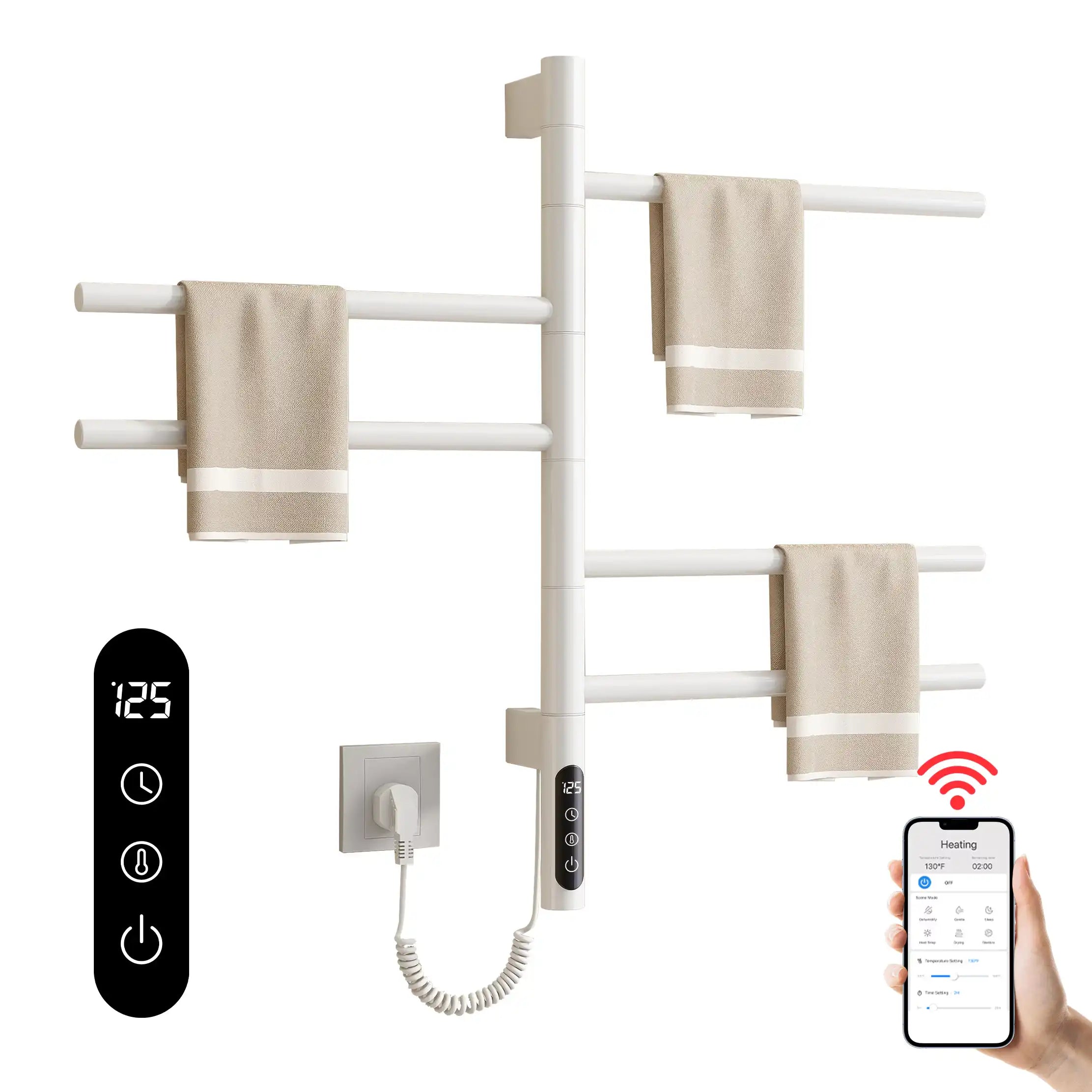 WiFi-controlled white towel rack heater with smart touch panel and mobile app connectivity | Ace Decor