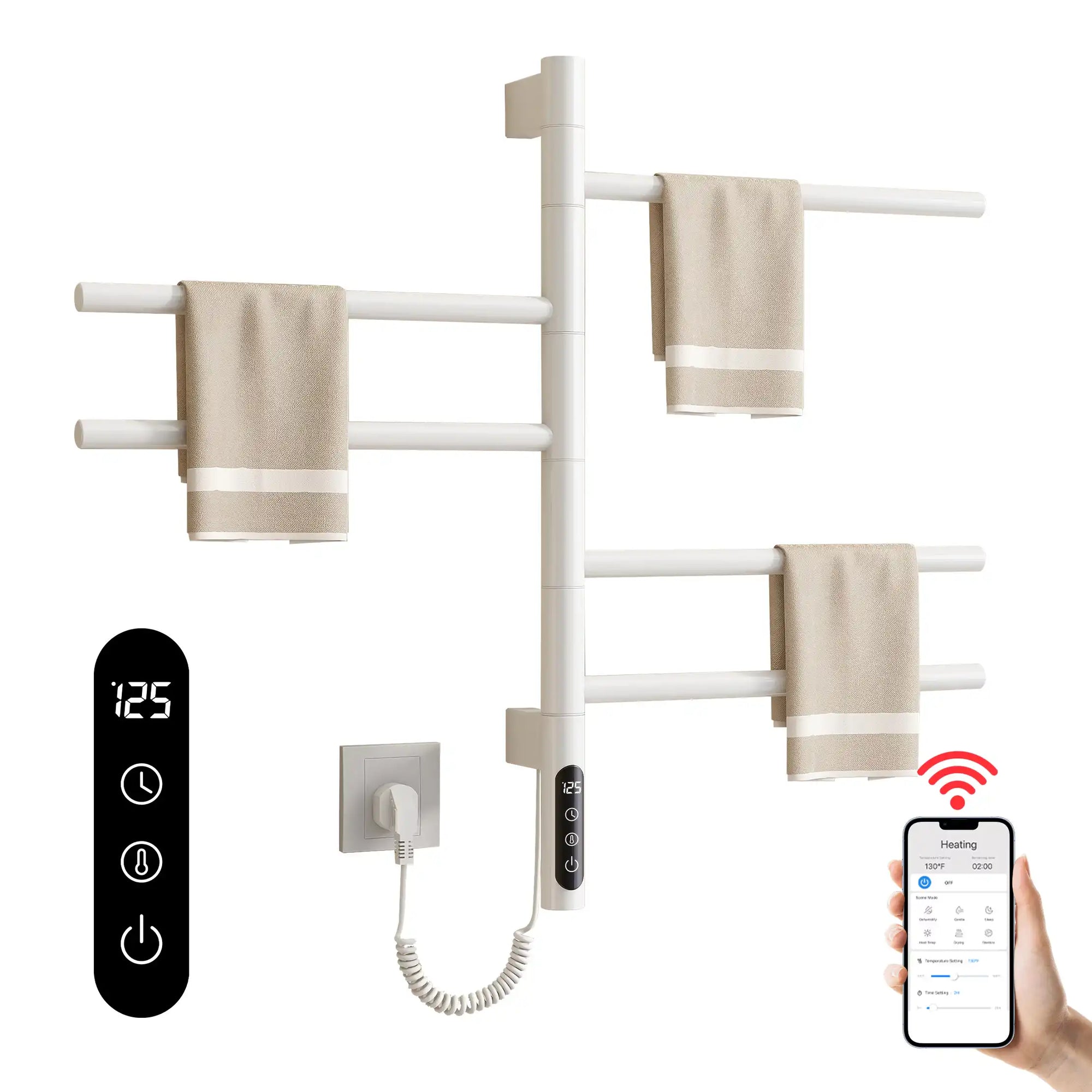 WiFi-controlled white towel rack heater with smart touch panel and mobile app connectivity | Ace Decor