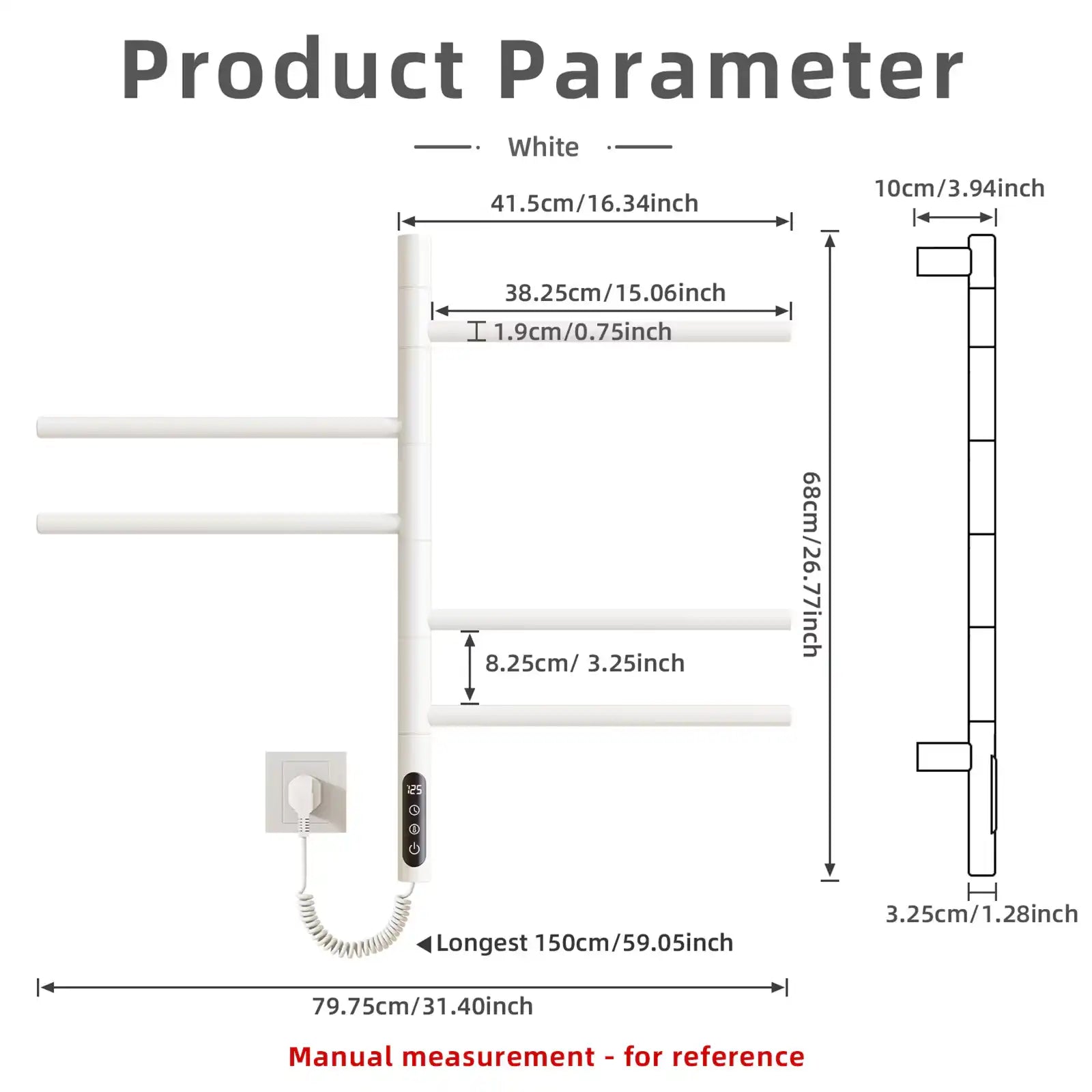 Dimensions and specifications diagram of white towel rack heater showing product measurements | Ace Decor
