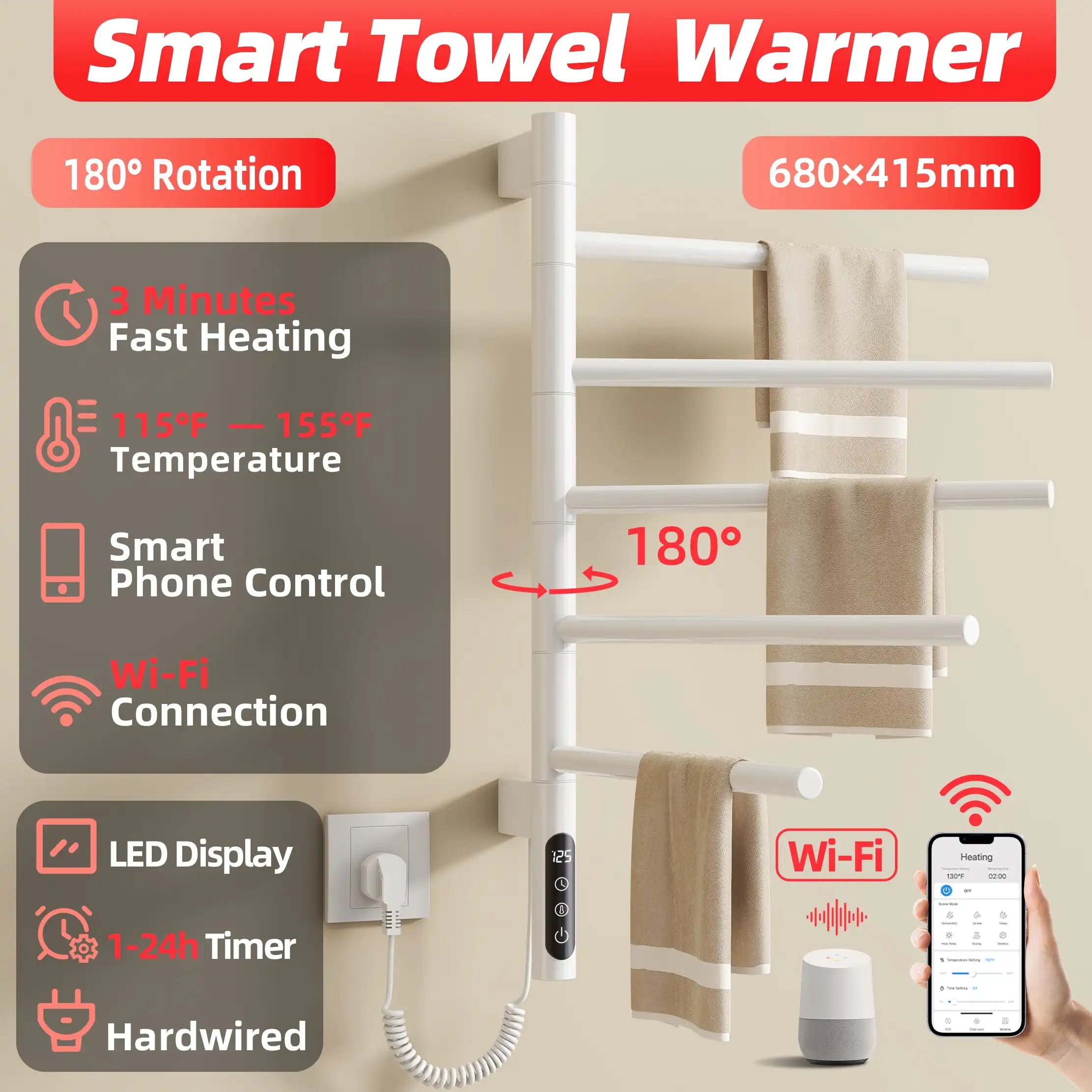 Smart towel rack heater with 180° rotation, LED display, WiFi app control, and fast heating function | Ace Decor