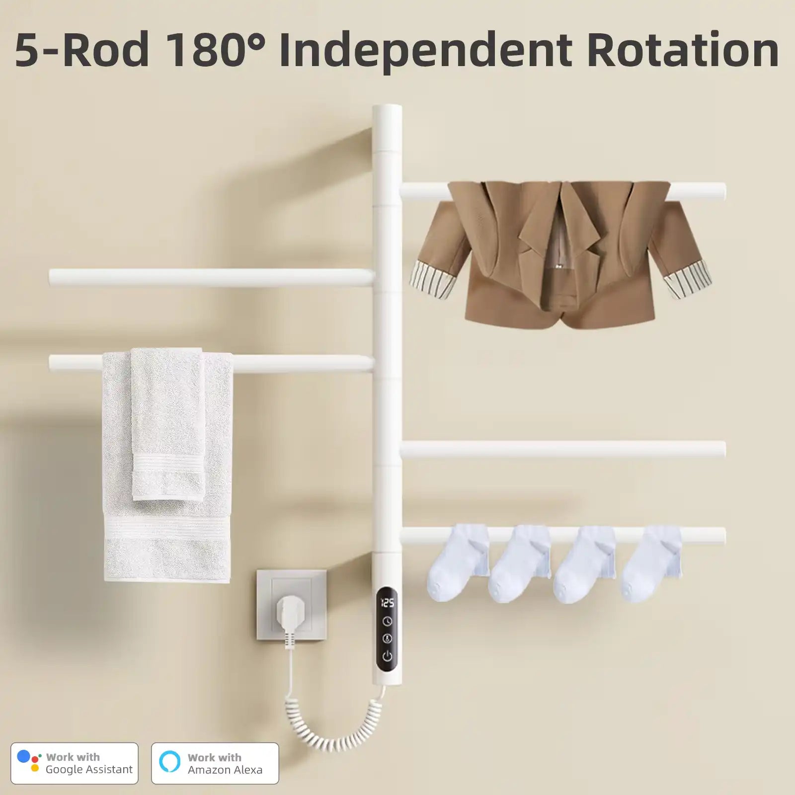 5-bar towel rack heater with 180-degree independent rotation for drying clothes and towels | Ace Decor