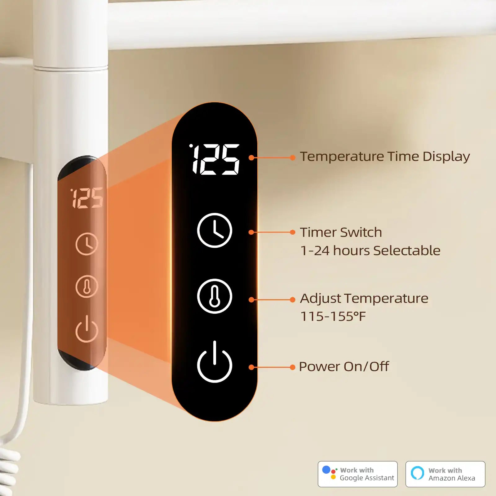 LED touch control panel of towel rack heater showing temperature, timer, and power functions | Ace Decor