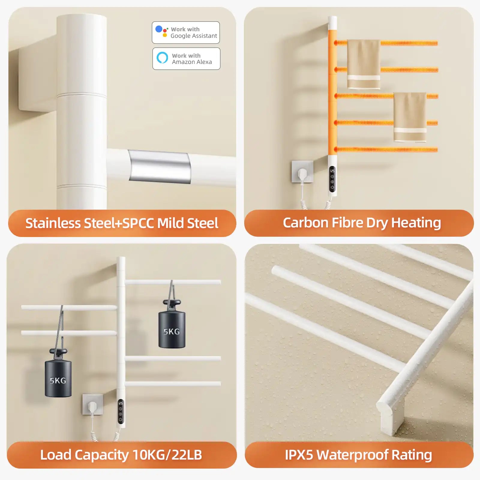 Durable stainless steel towel rack heater with carbon fiber dry heating and IPX5 waterproof protection | Ace Decor
