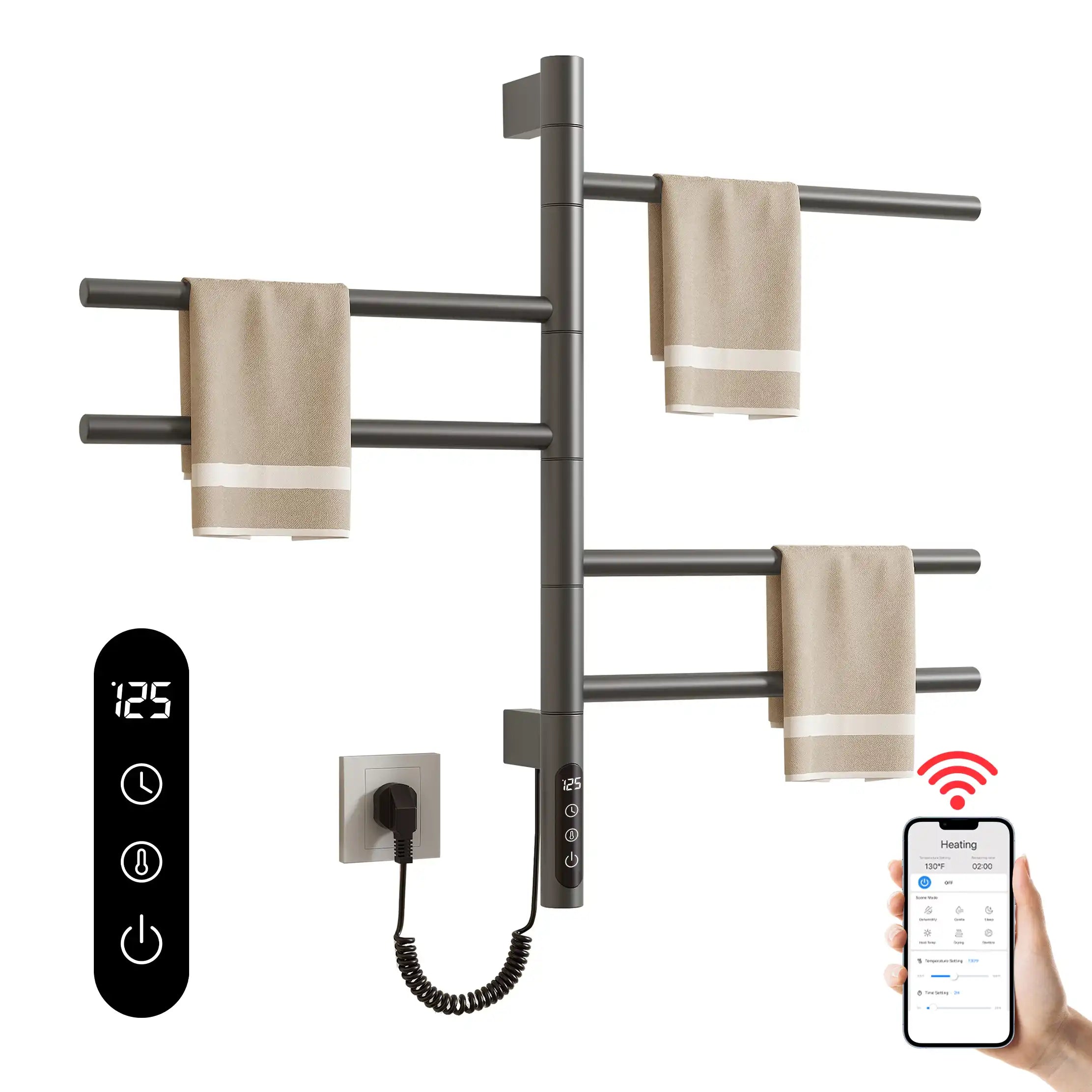 Smart WiFi towel heater rack in gray with touchscreen panel and mobile app control | Ace Decor