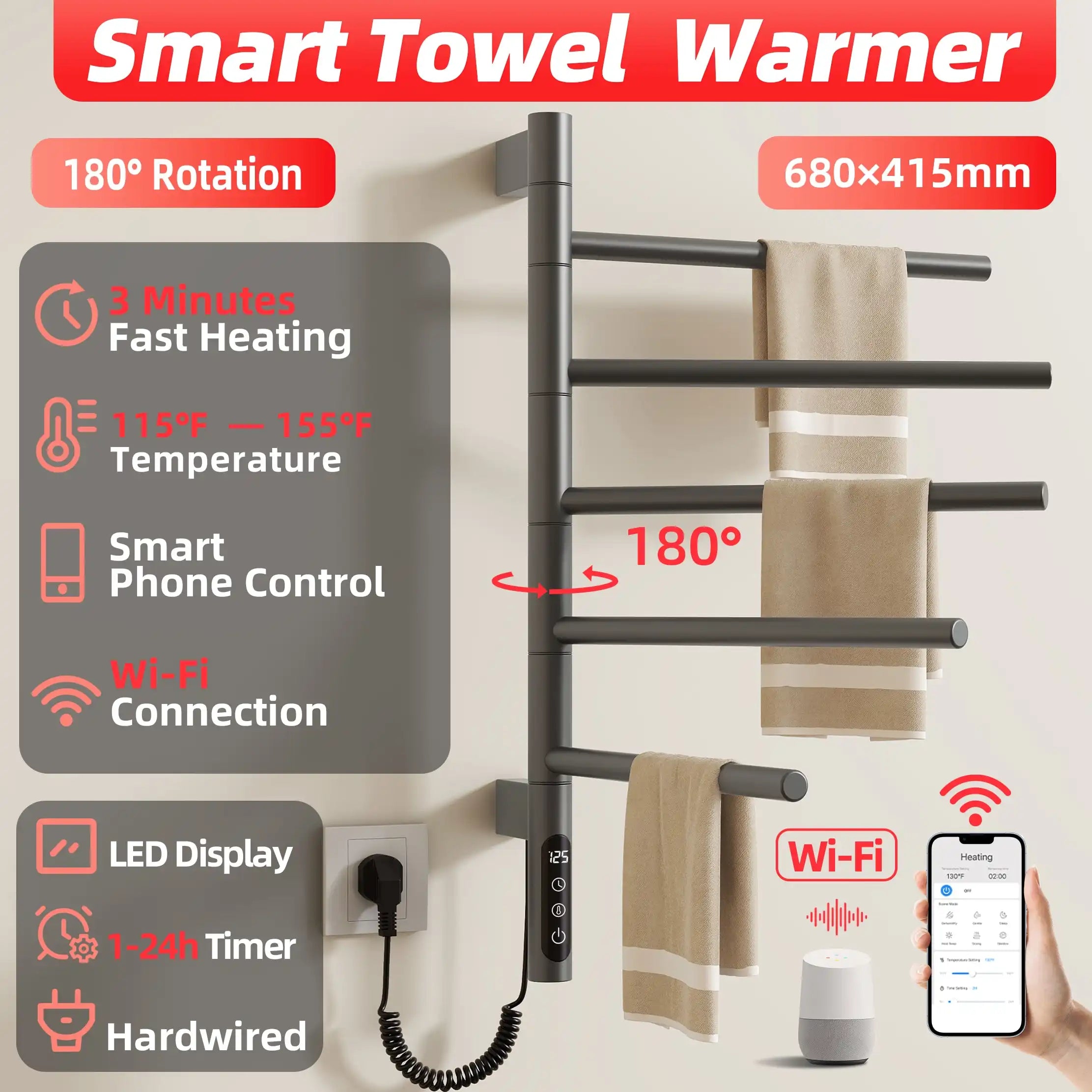 Fast-heating gray towel heater rack with 180° rotation, WiFi connection, and LED timer display | Ace Decor