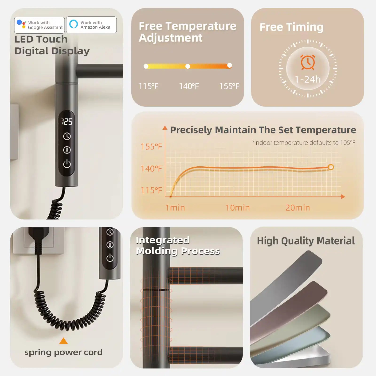 LED digital control and temperature adjustment features of the gray towel heater rack | Ace Decor