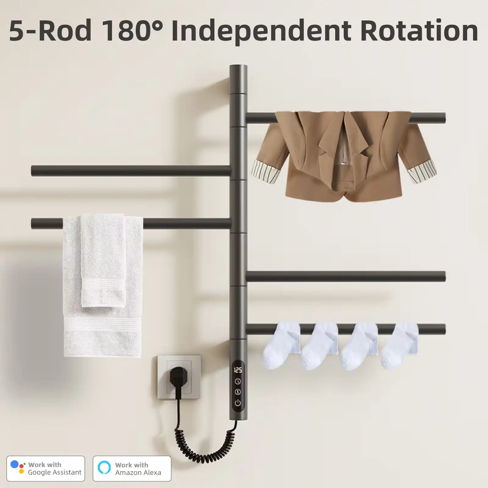 5-bar towel heater rack with 180-degree independent rotation for drying clothes and towels | Ace Decor