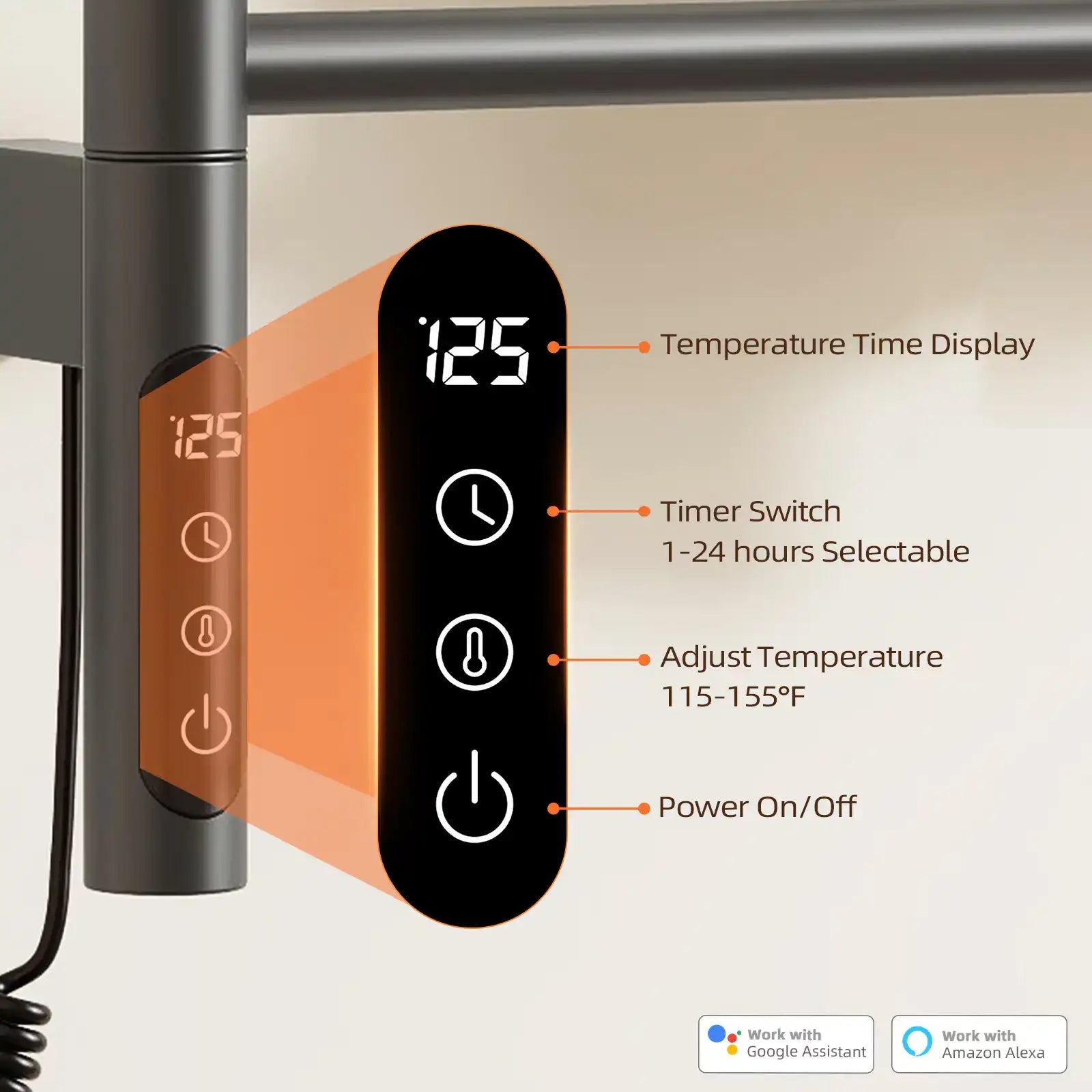 Touch control panel of towel heater rack with adjustable temperature and timer settings | Ace Decor