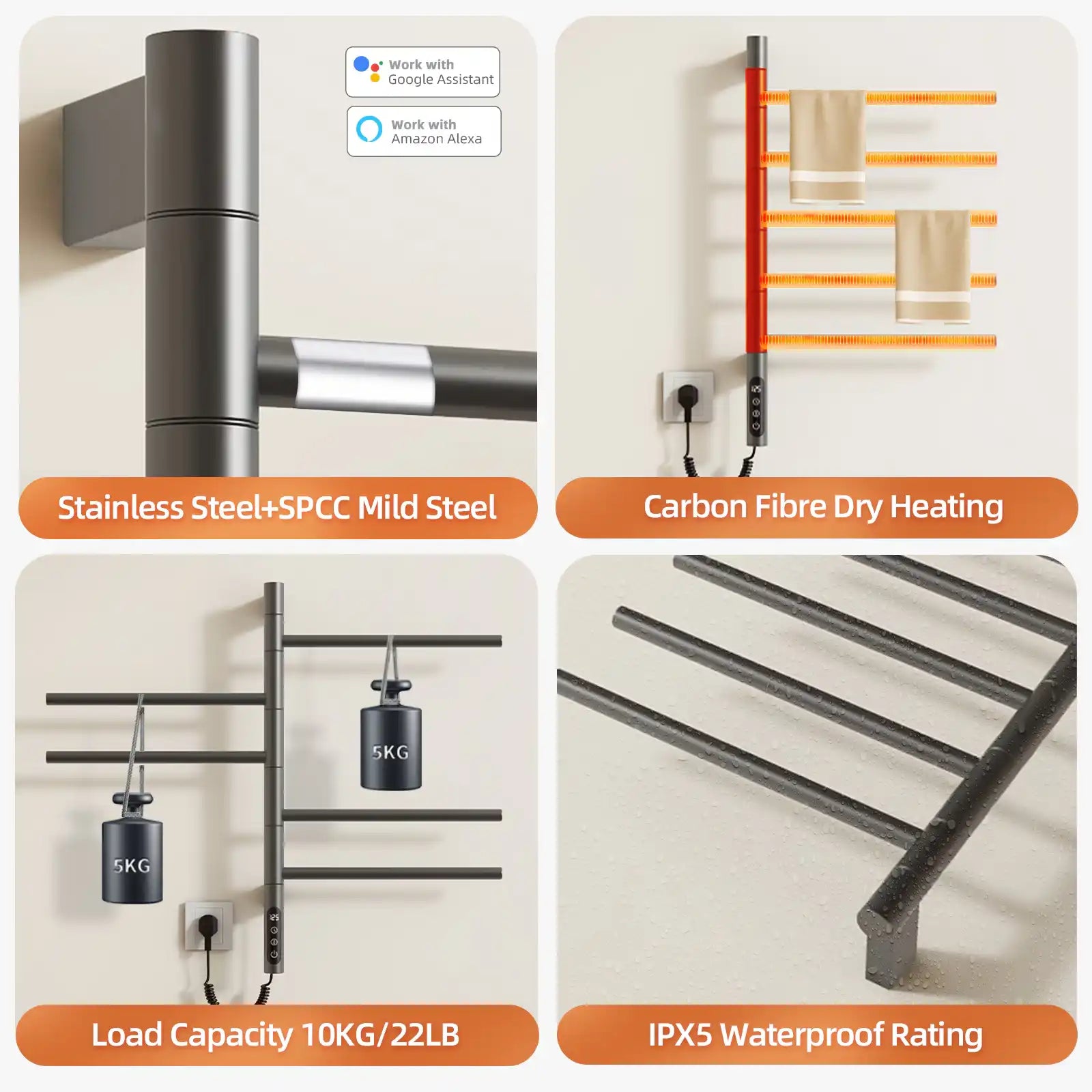 Durable stainless steel towel heater rack with carbon fiber heating and IPX5 waterproof design | Ace Decor