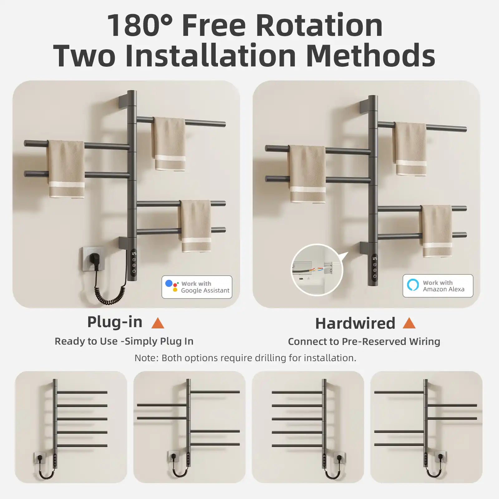 Gunmetal gray towel heater rack with 180° rotation and two installation options, plug-in or hardwired | Ace Decor