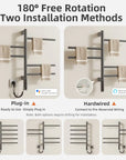 Gunmetal gray towel heater rack with 180° rotation and two installation options, plug-in or hardwired | Ace Decor